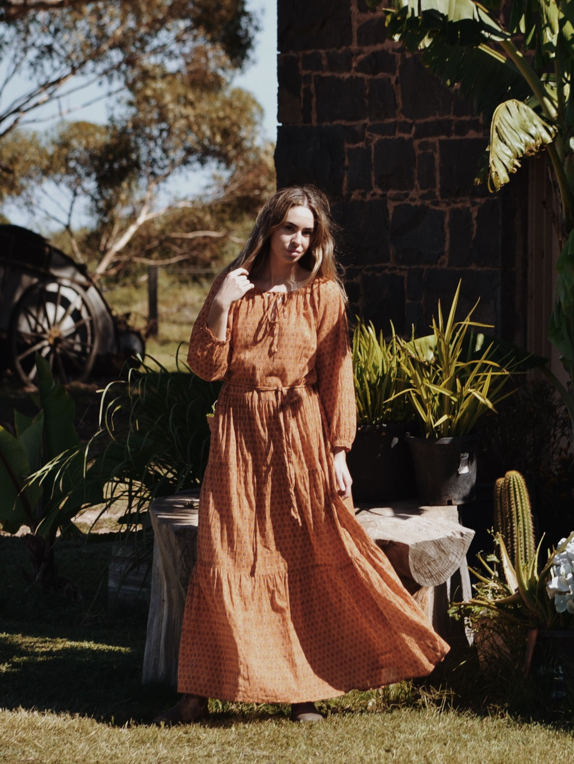 PRU MAXI DRESS OCHRE STAMP PRINT