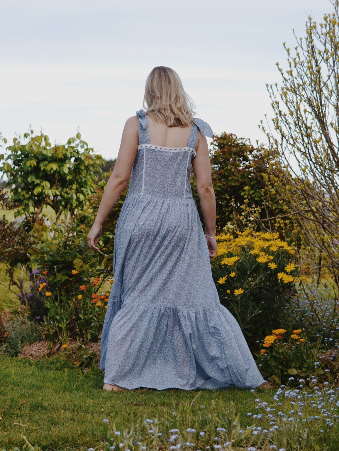 100% RECYCLED COTTON - ADELINE MAXI DRESS CORNFLOWER BLUE ROSE