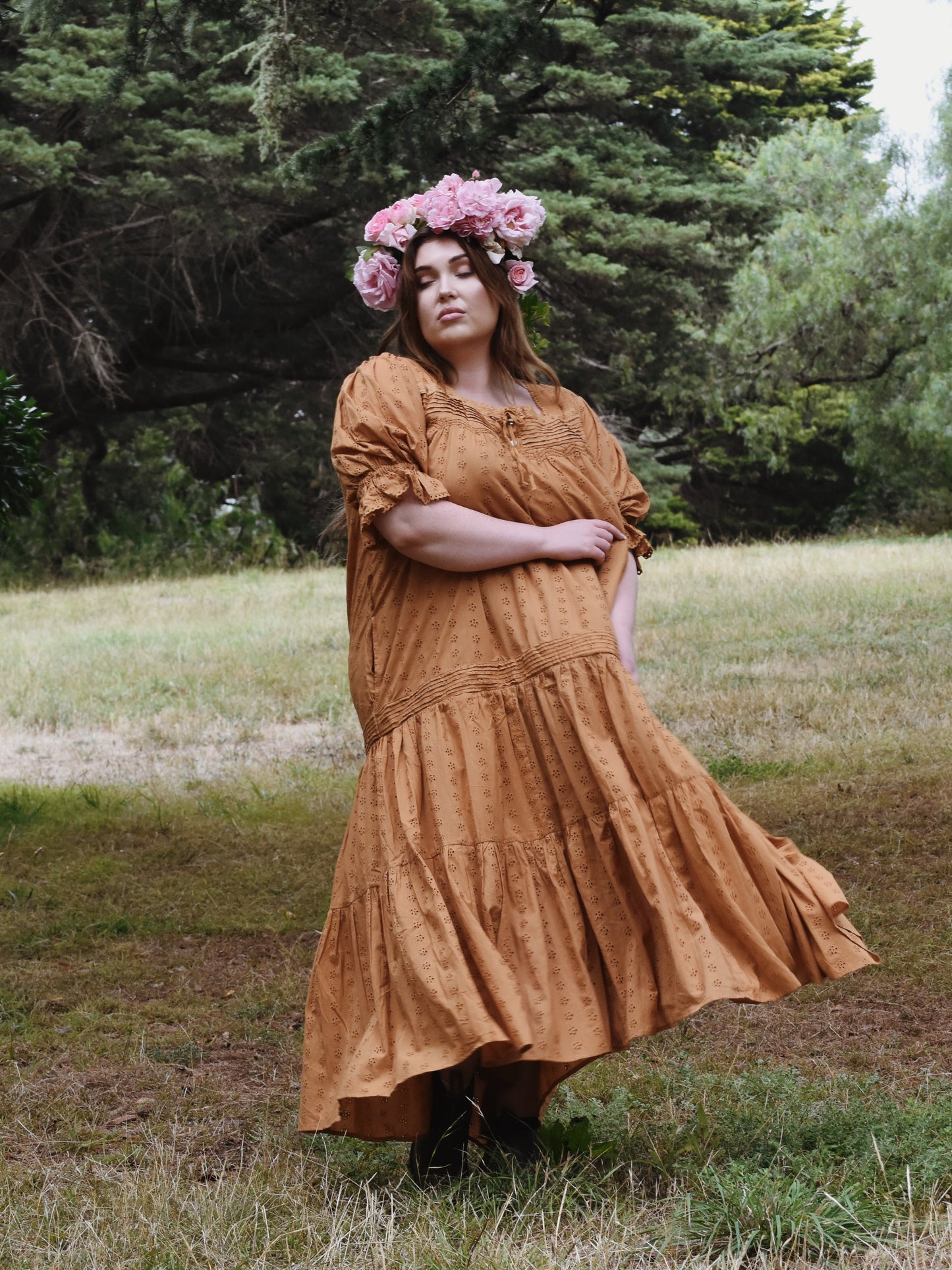 100% RECYCLED COTTON - MORNING SONG HAND SMOCKED TIERED DRESS - COPPER