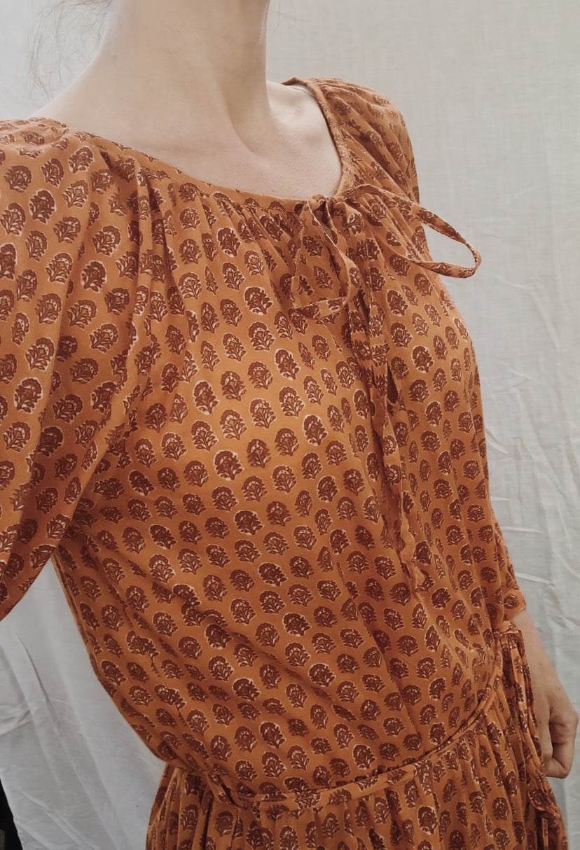 PRU MAXI DRESS OCHRE STAMP PRINT
