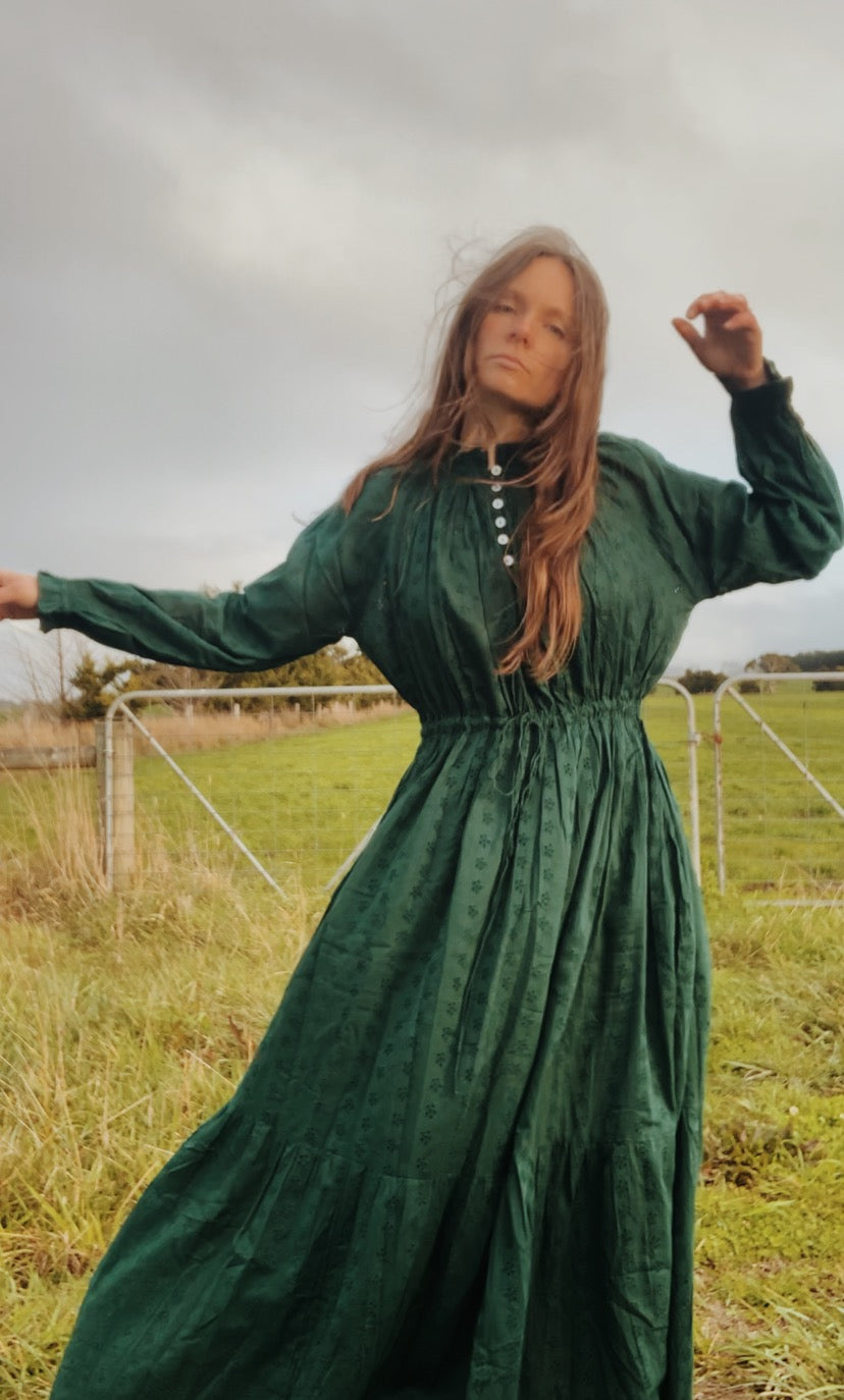 SAMPLE - 100% RECYCLED COTTON - PRAIRIE MAXI DRESS FOREST GREEN LACE