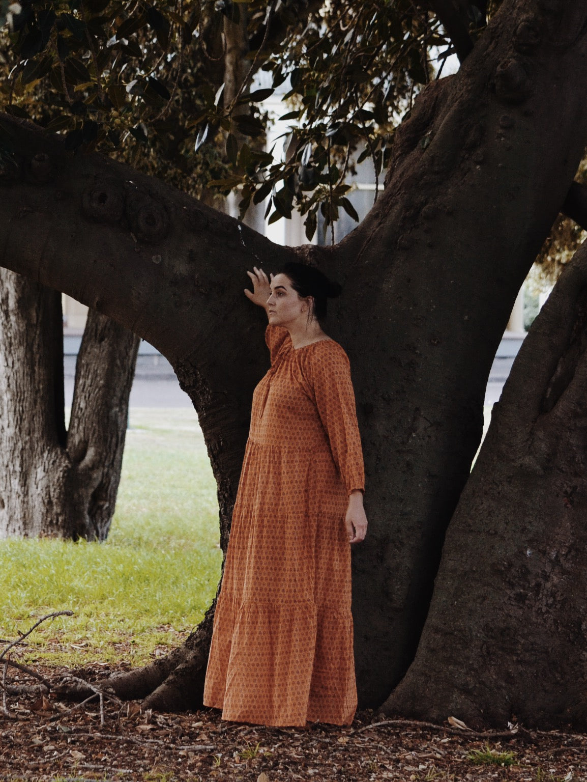 PRU MAXI DRESS OCHRE STAMP PRINT