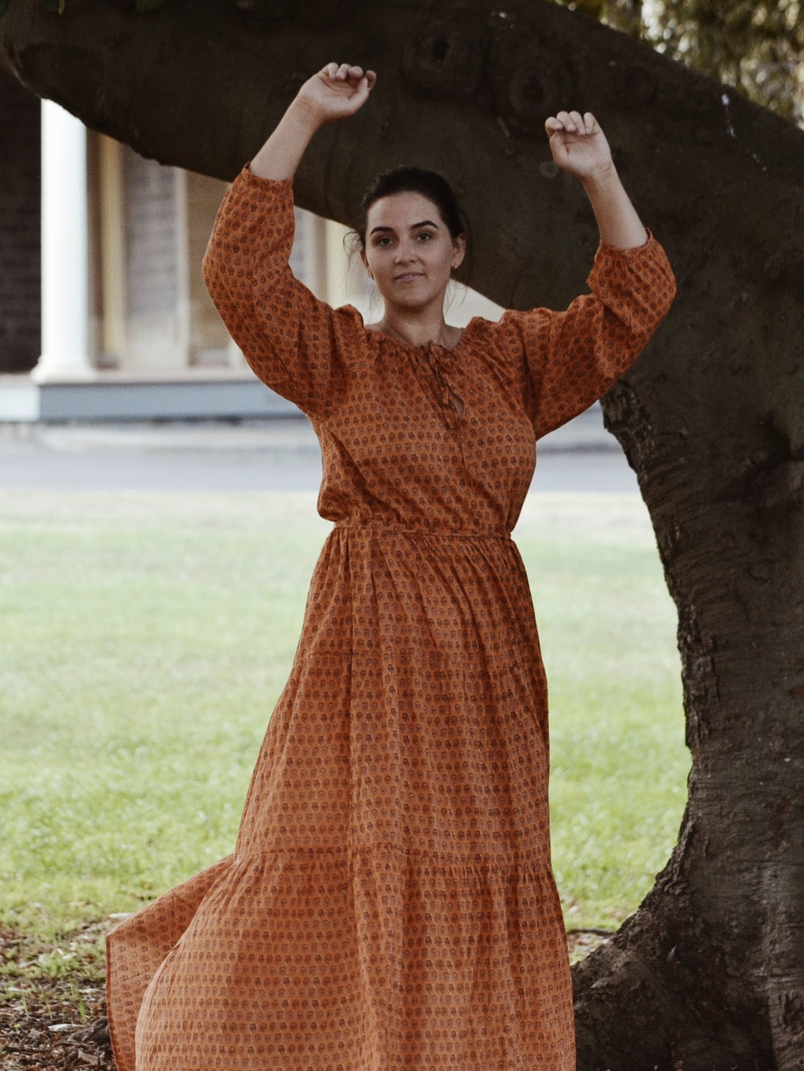 PRU MAXI DRESS OCHRE STAMP PRINT