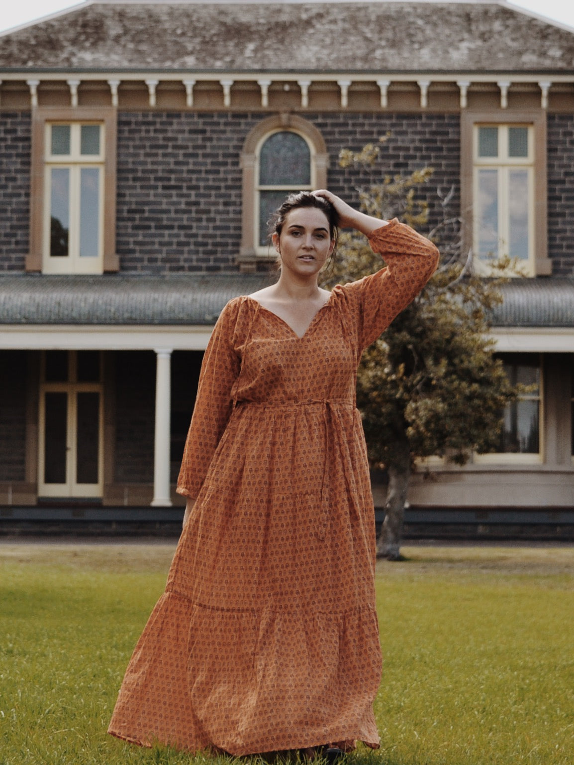 PRU MAXI DRESS OCHRE STAMP PRINT