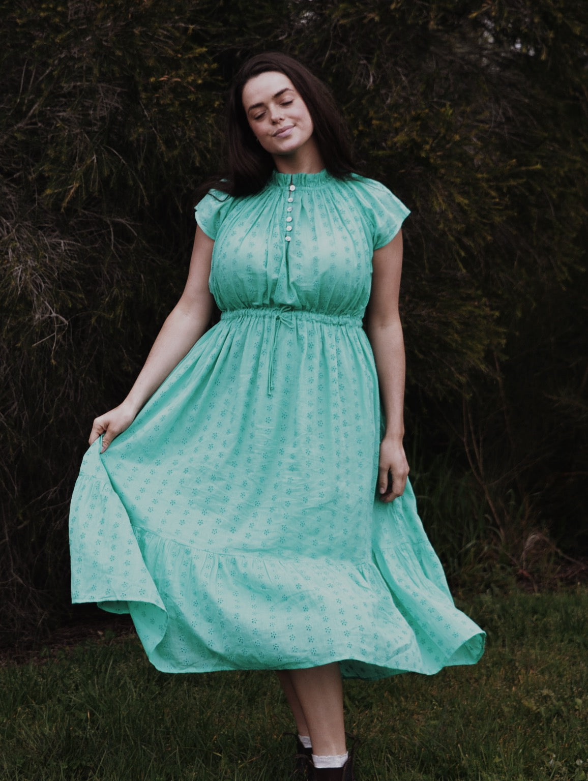 PRELOVED - 100% RECYCLED COTTON - ISABEL DRESS JADE GREEN COTTON LACE - L