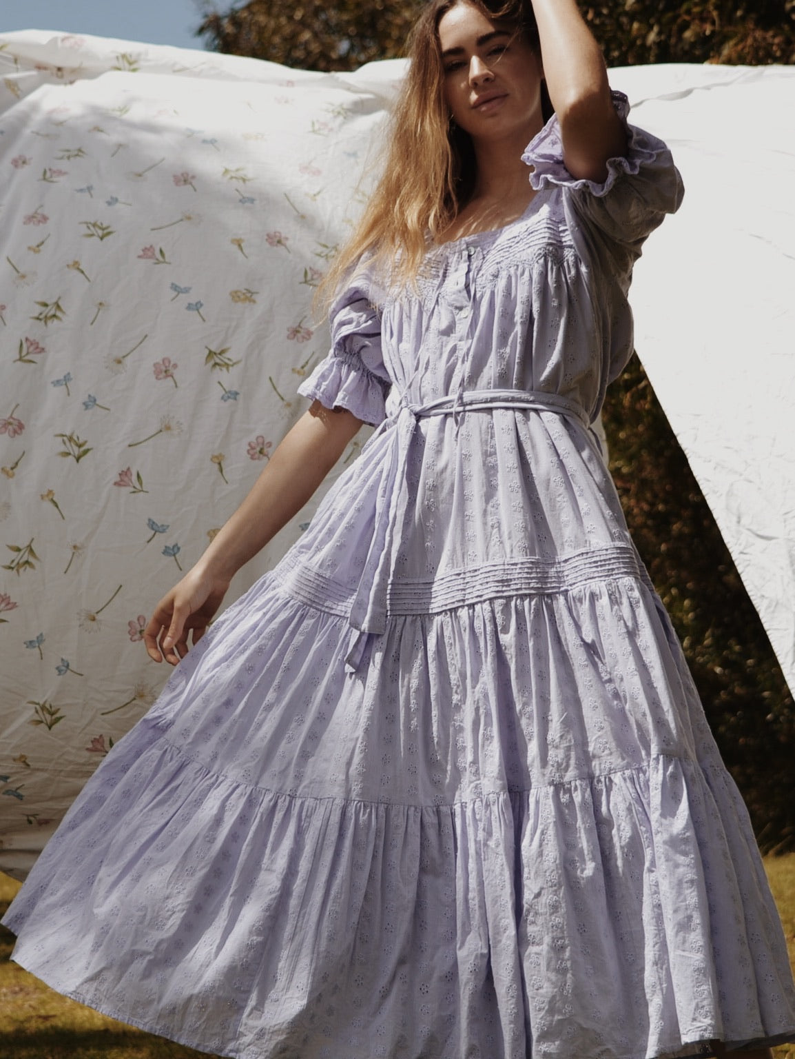 100% RECYCLED COTTON - MORNING SONG HAND SMOCKED TIERED MAXI DRESS - L ANKOA 100% RECYCLED COTTON - MORNING SONG HAND SMOCKED TIERED MAXI DRESS - L ANKOA