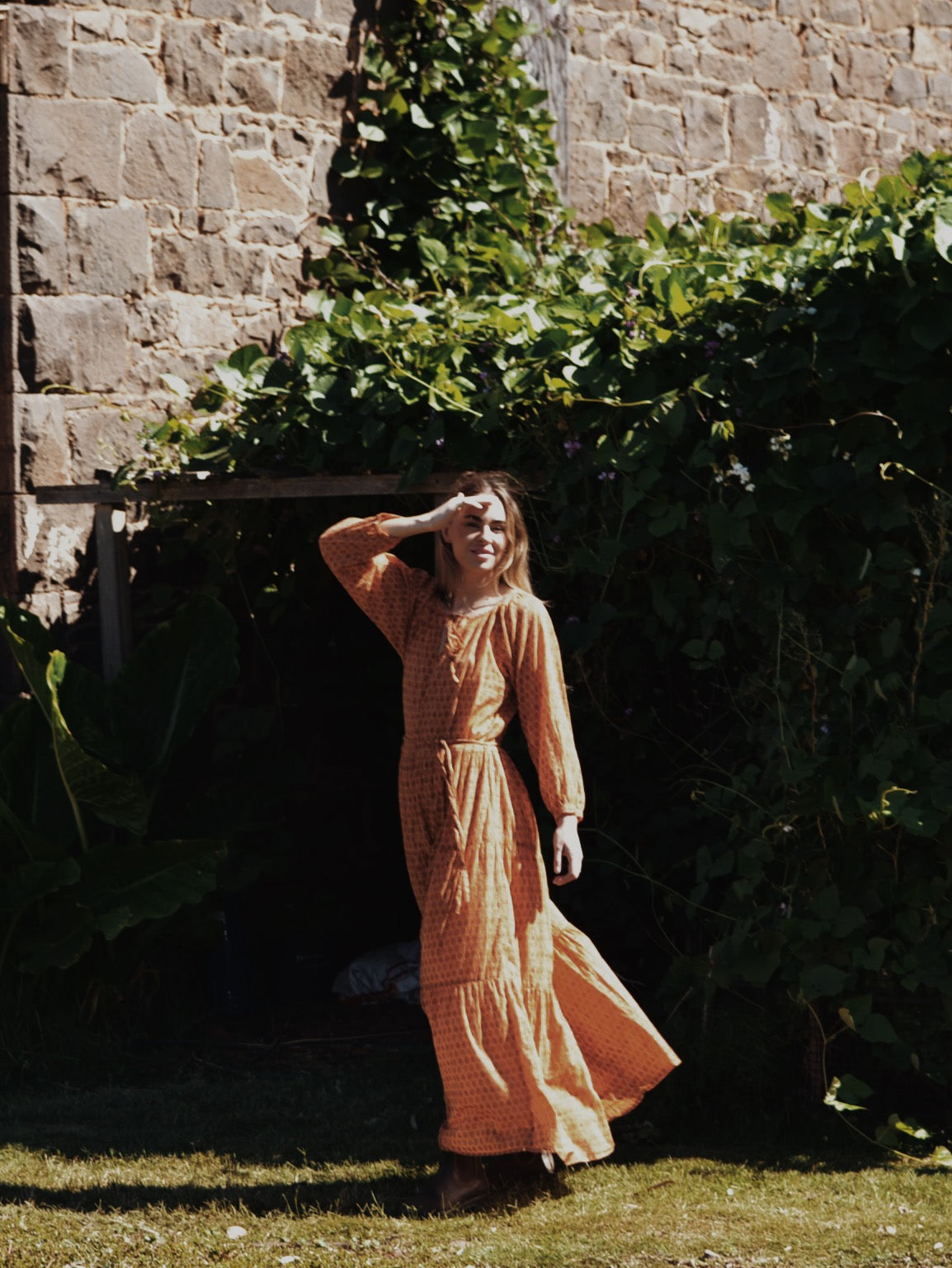 PRU MAXI DRESS OCHRE STAMP PRINT