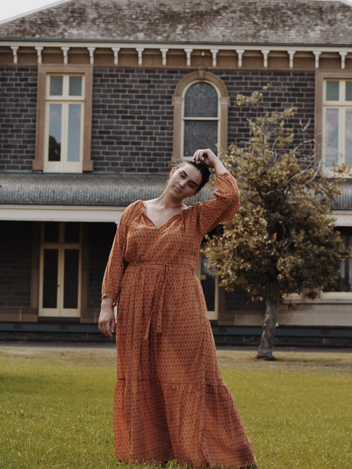 PRU MAXI DRESS OCHRE STAMP PRINT