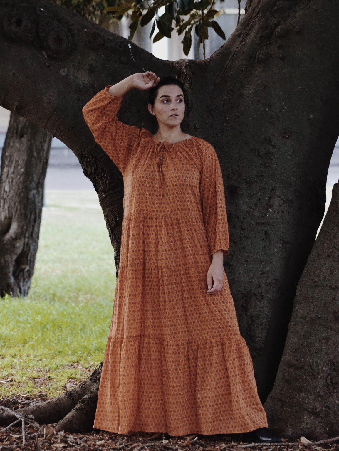 PRU MAXI DRESS OCHRE STAMP PRINT