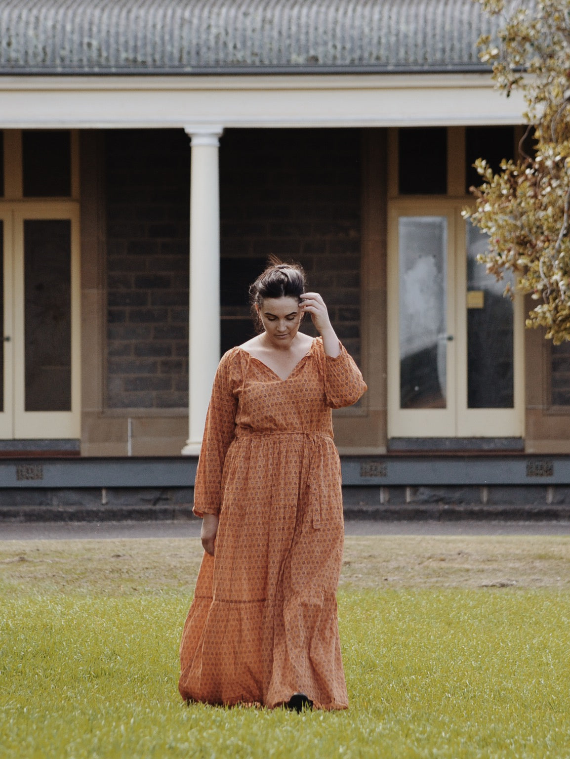 PRU MAXI DRESS OCHRE STAMP PRINT