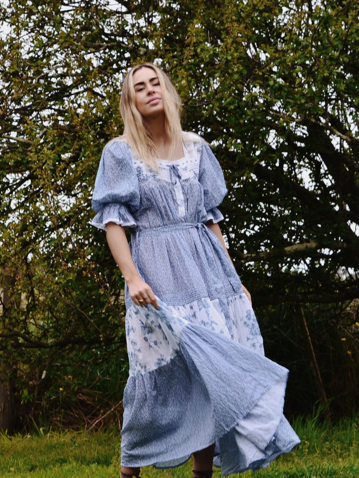 100% RECYCLED COTTON - MORNING SONG HAND SMOCKED TIERED DRESS - CORNFLOWER BLUE ROSE