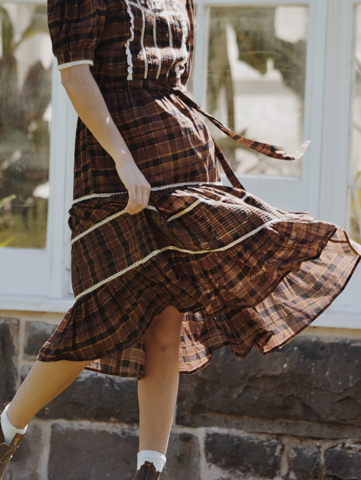 100% RECYCLED COTTON - PAULINA PLAID BROWN COTTON DRESS