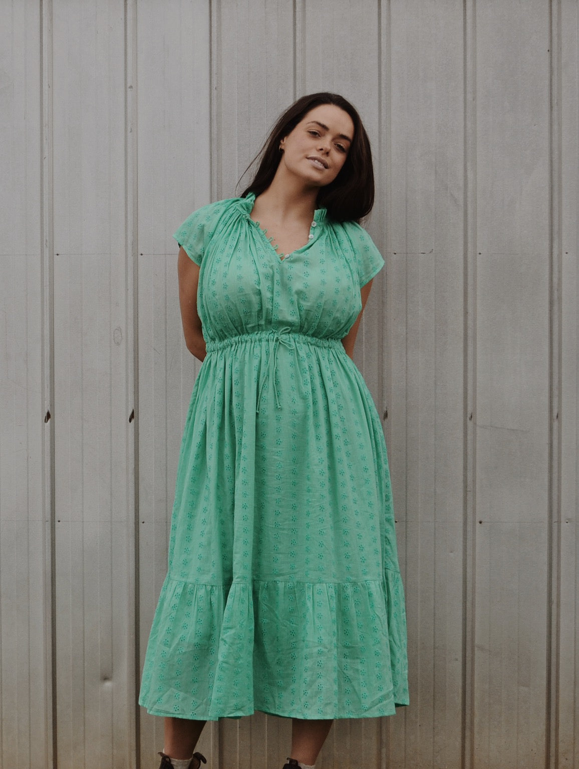 PRELOVED - 100% RECYCLED COTTON - ISABEL DRESS JADE GREEN COTTON LACE - L
