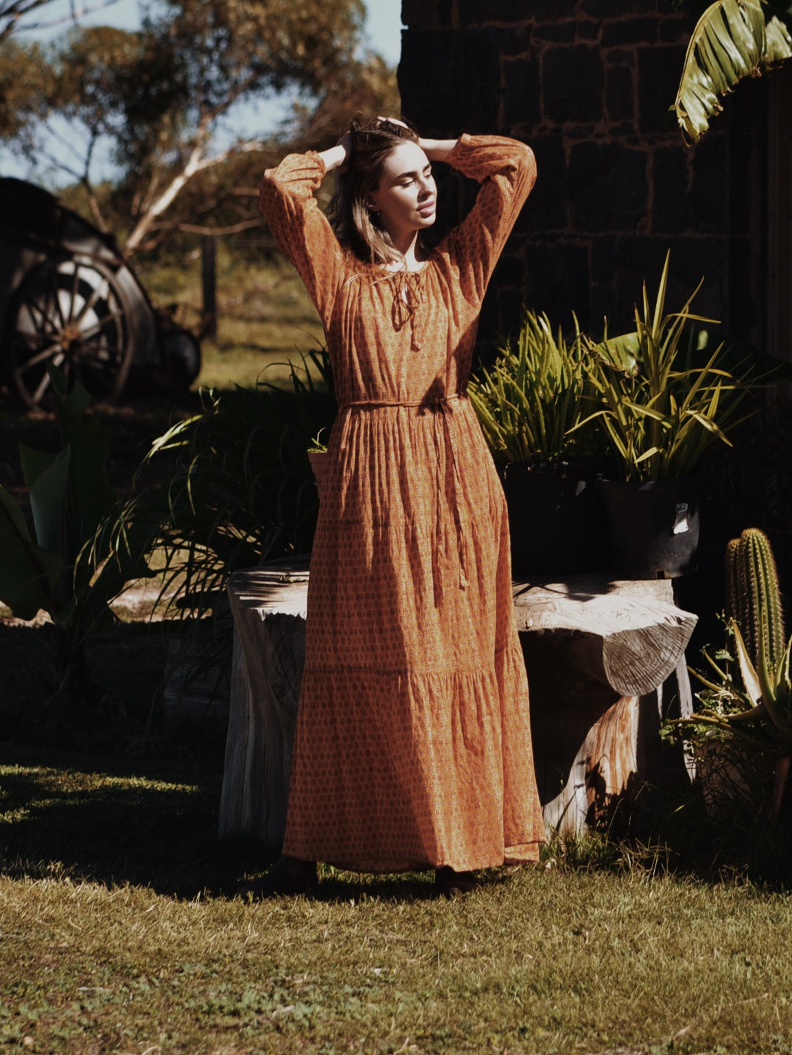 PRU MAXI DRESS OCHRE STAMP PRINT