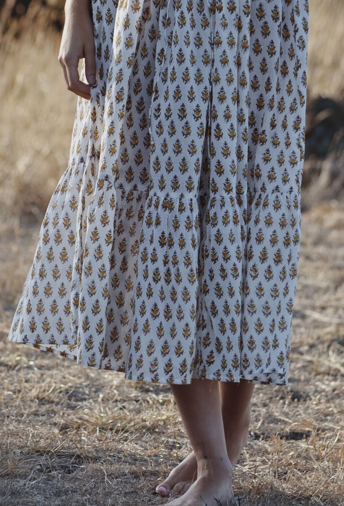 PRELOVED - ISABEL SAND HAND BLOCK STAMP DRESS - SMALL