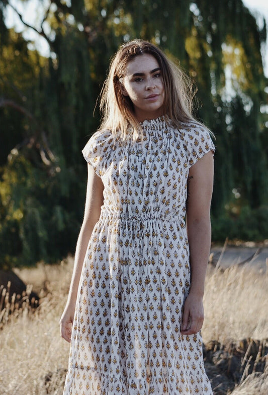 PRELOVED - ISABEL SAND HAND BLOCK STAMP DRESS - SMALL