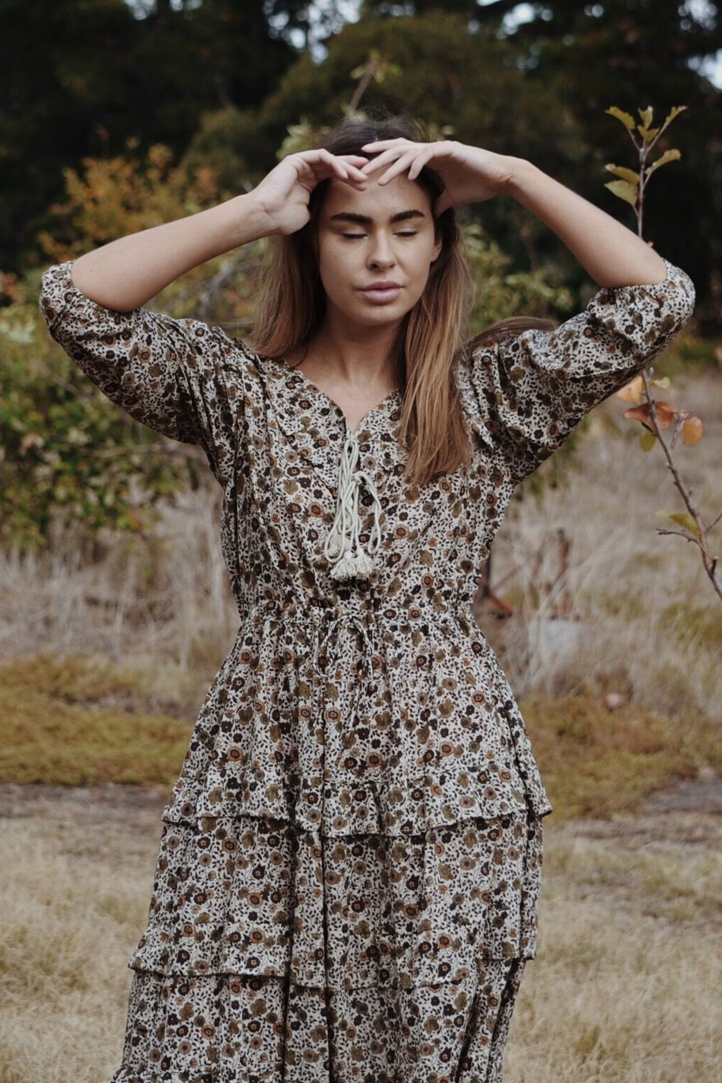 THEA ALMOND BROWN FLORAL DRESS