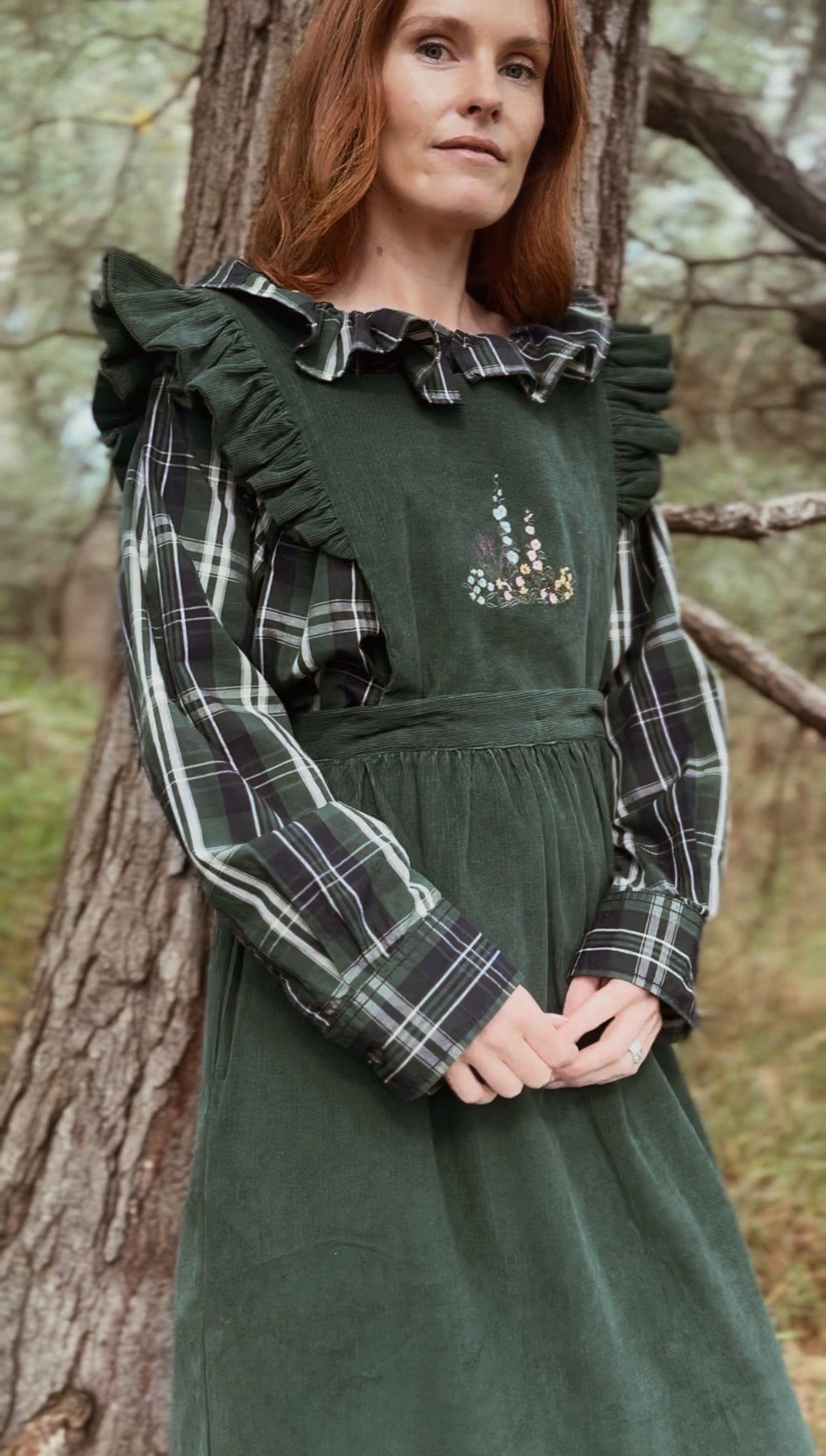 100% RECYCLED COTTON - ANOUK RUFFLE PINAFORE/SKIRT CORDUROY FOREST GREEN