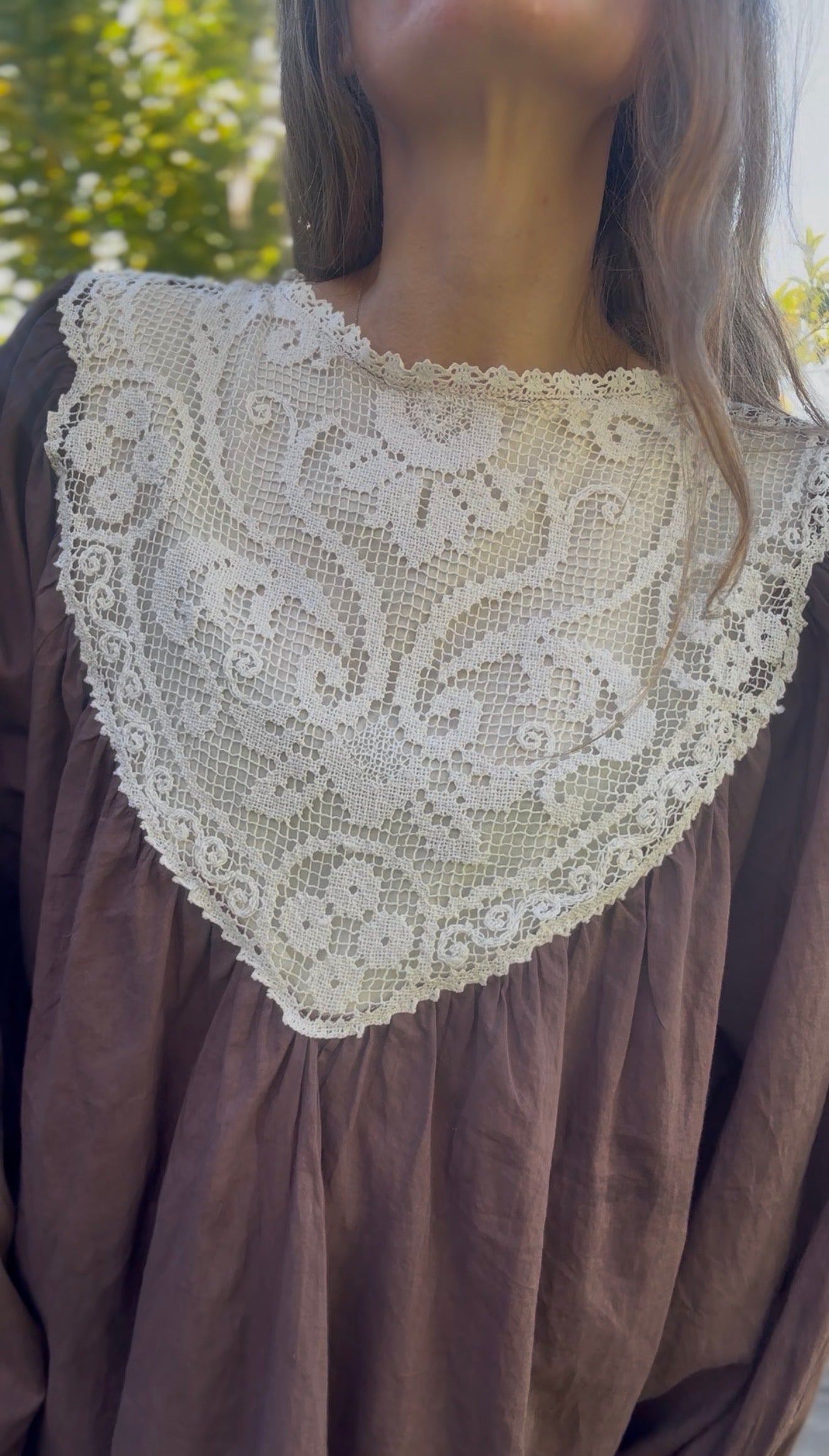 ONE OF A KIND SMOCK REWORKED BLOUSE BROWN WITH FILET LACE - XL