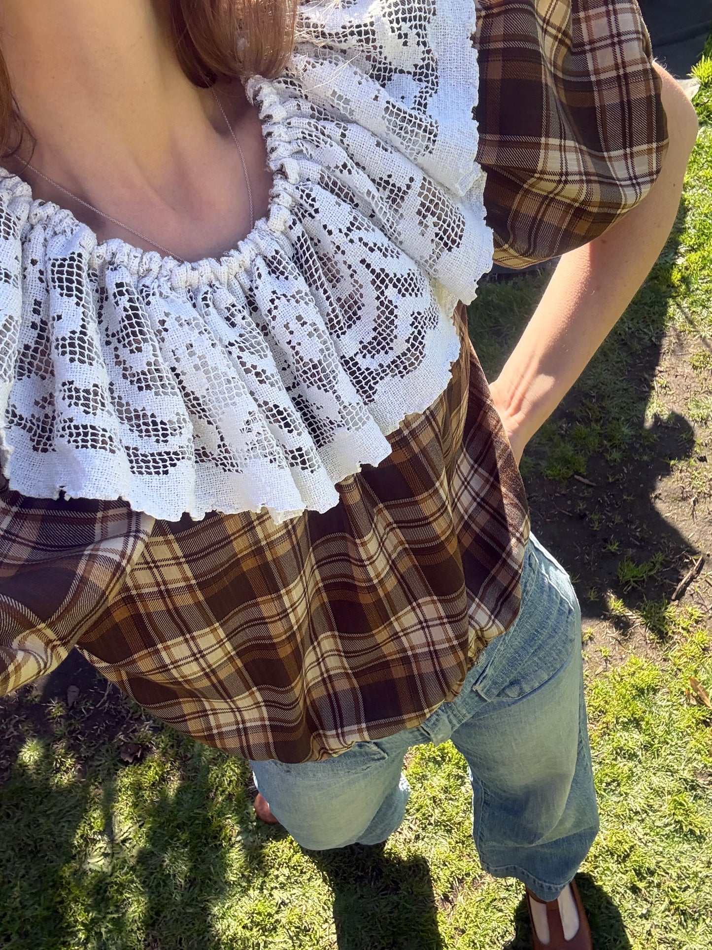 ONE OF A KIND SMOCK BLOUSE BROWN PLAID - S