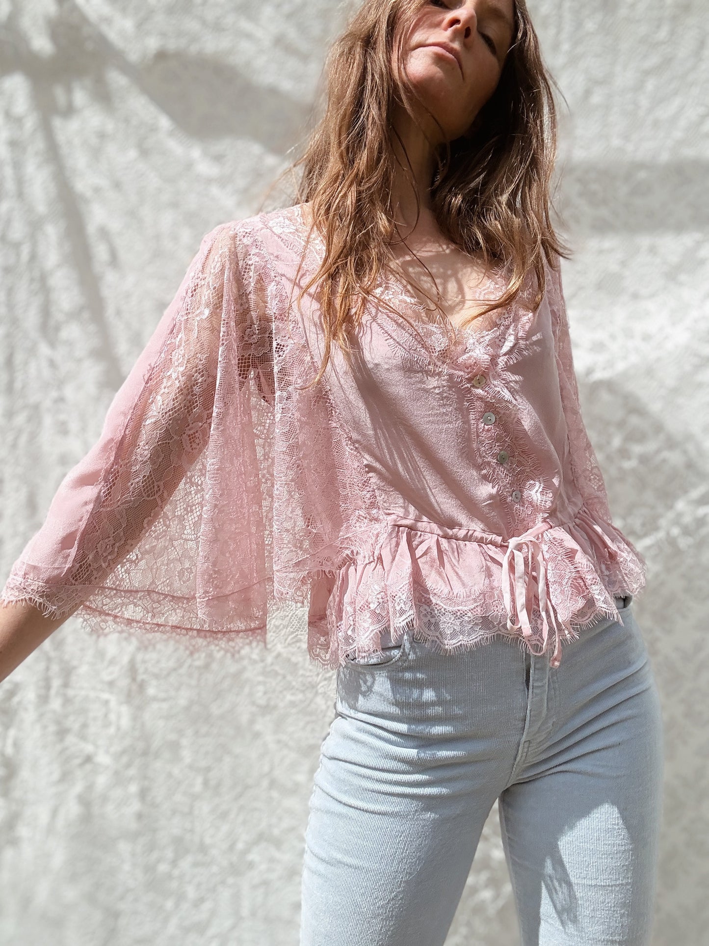 AMORET SILK CAPELET BLOUSE - PASTEL PINK