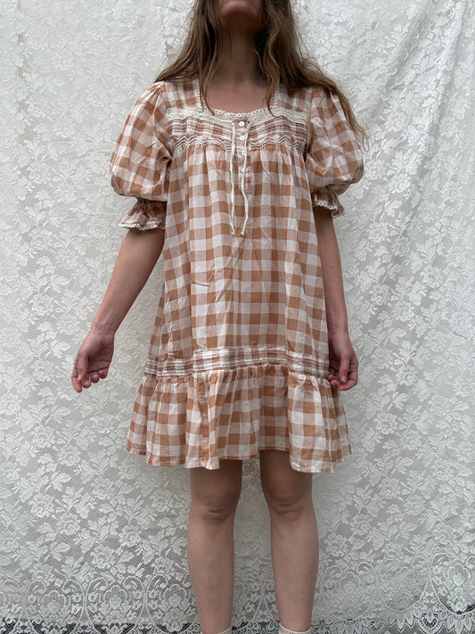 PRELOVED - MORNING SONG HAND SMOCKED DRESS CAMEL GINGHAM - SMALL (Copy)