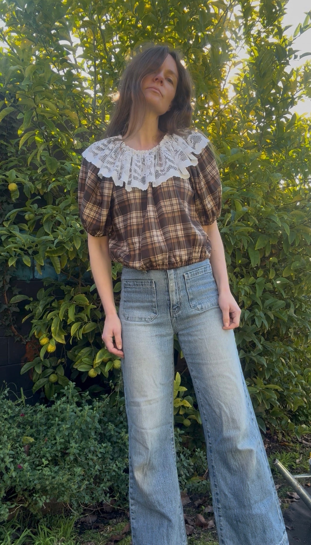 ONE OF A KIND SMOCK BLOUSE BROWN PLAID - S