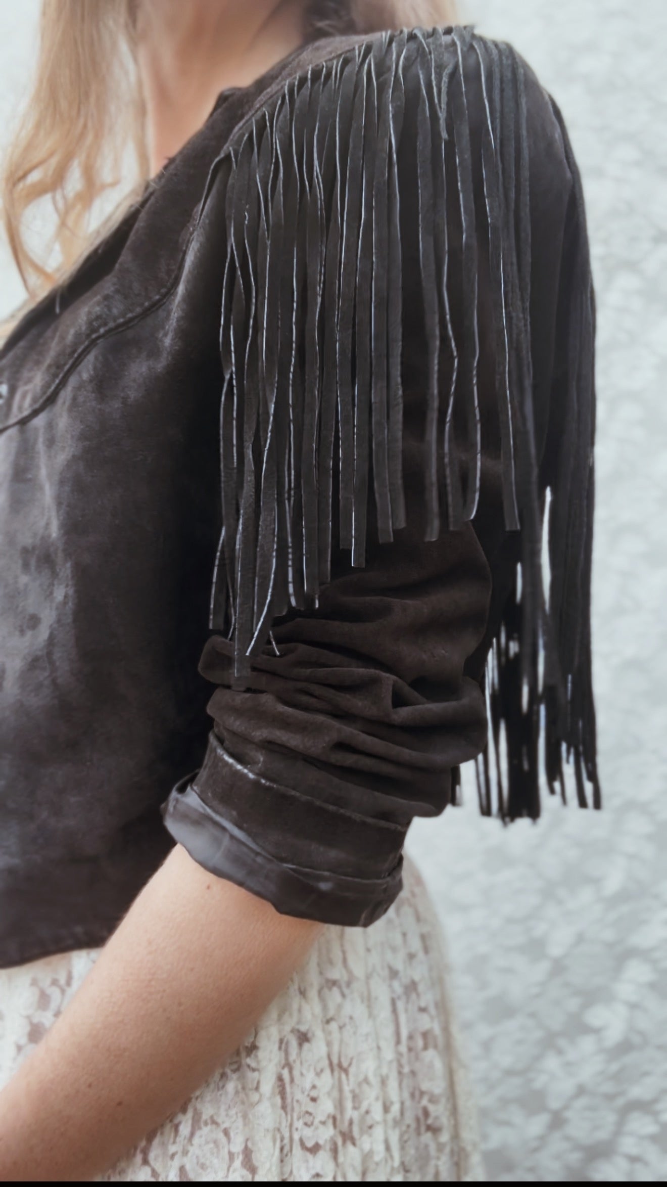 VINTAGE GENUINE SUEDE LEATHER TASSEL JACKET BLACK - SMALL