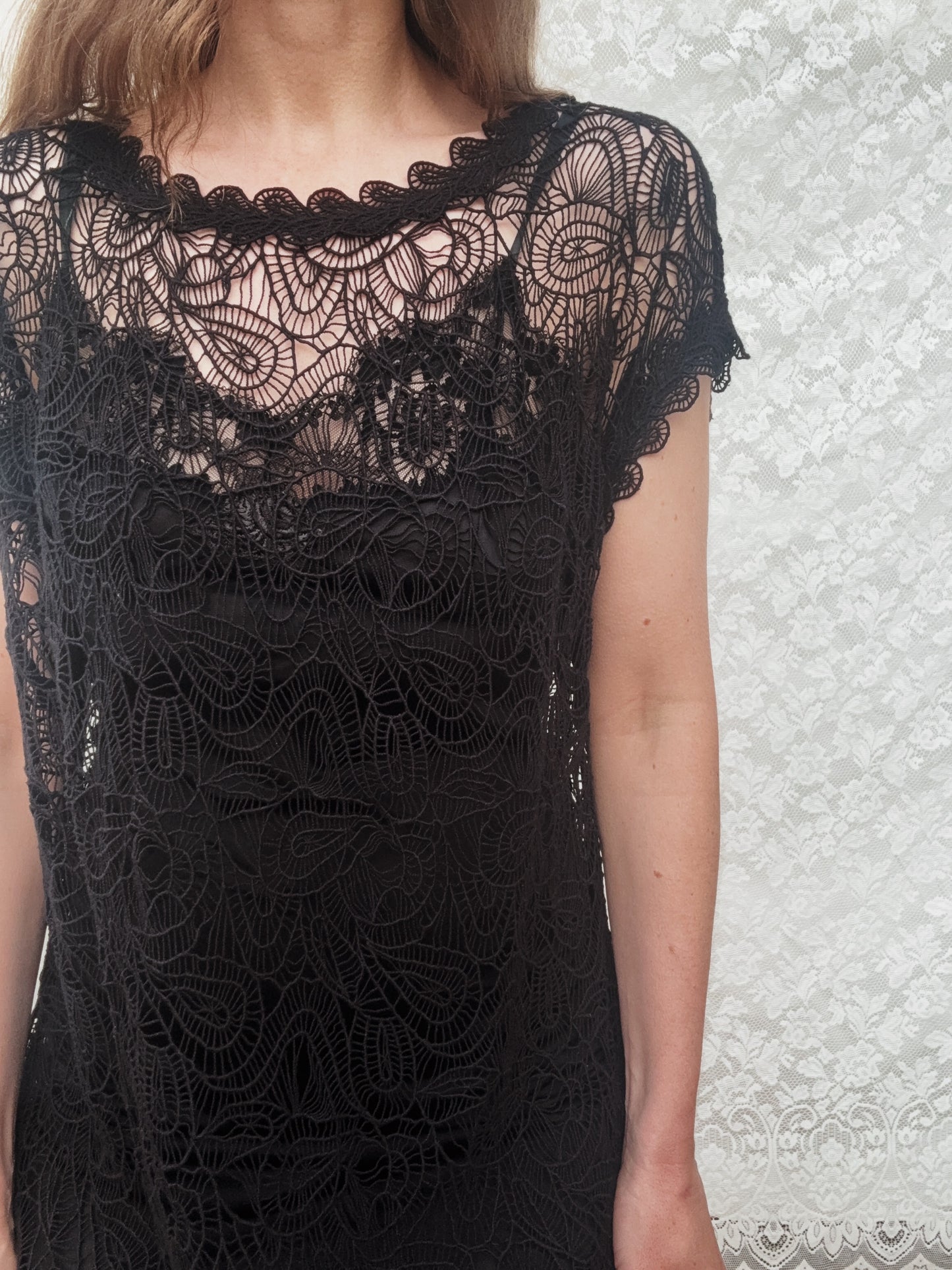 VINTAGE CROCHET LACE BLACK DRESS SMALL