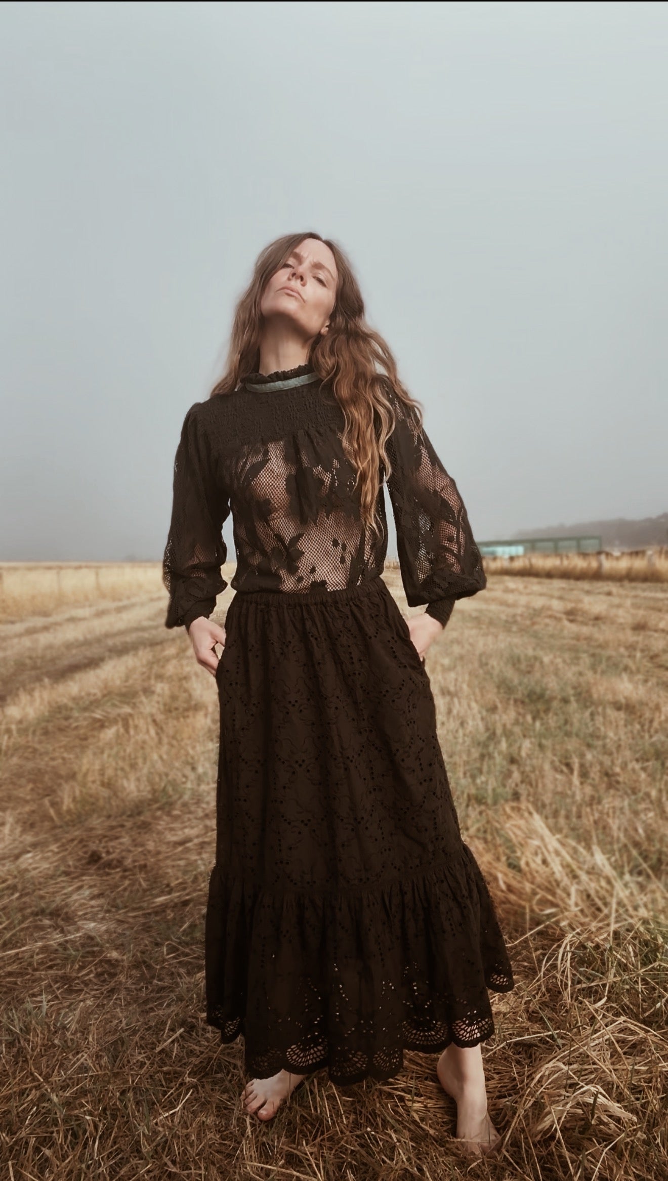 CELESTE CROCHET COTTON BLOUSE BLACK