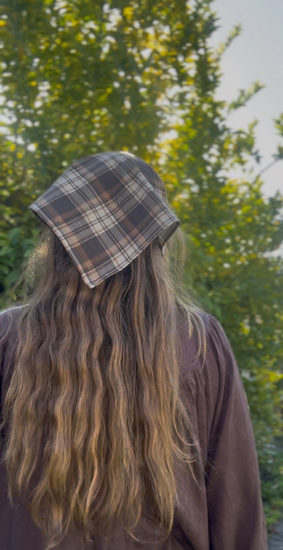 REWORKED - BROWN CHECK PLAID COTTON HEAD SCARF