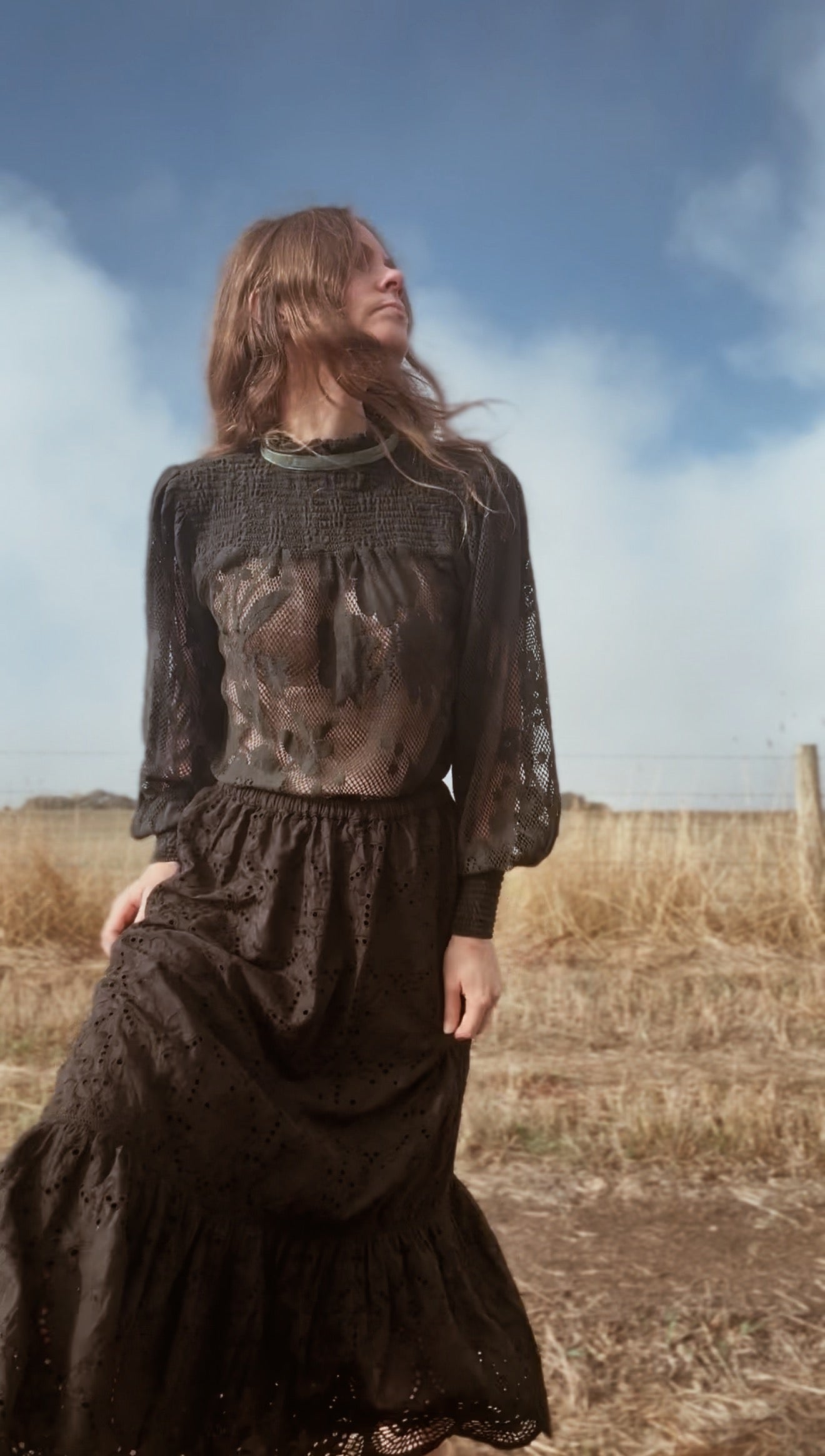 CELESTE CROCHET COTTON BLOUSE BLACK