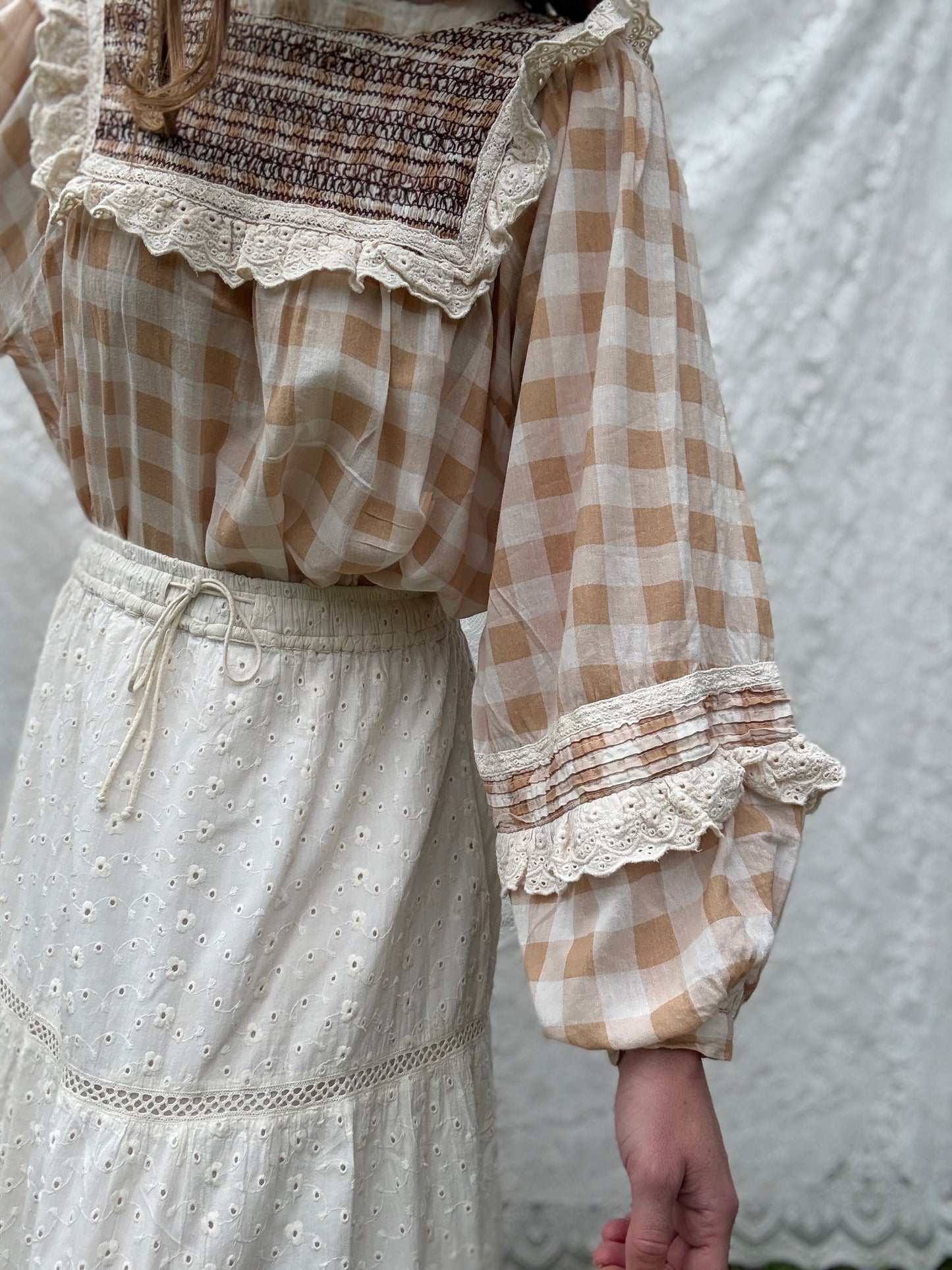 PRELOVED BEATRIX BLOUSE SMOCK CAMEL GINGHAM M