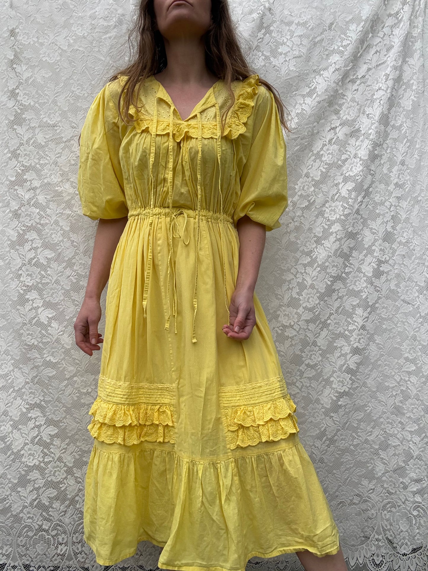 PRELOVED - 100% RECYCLED COTTON - ABERDEEN BUTTERCUP COTTON LACE DRESS SMALL
