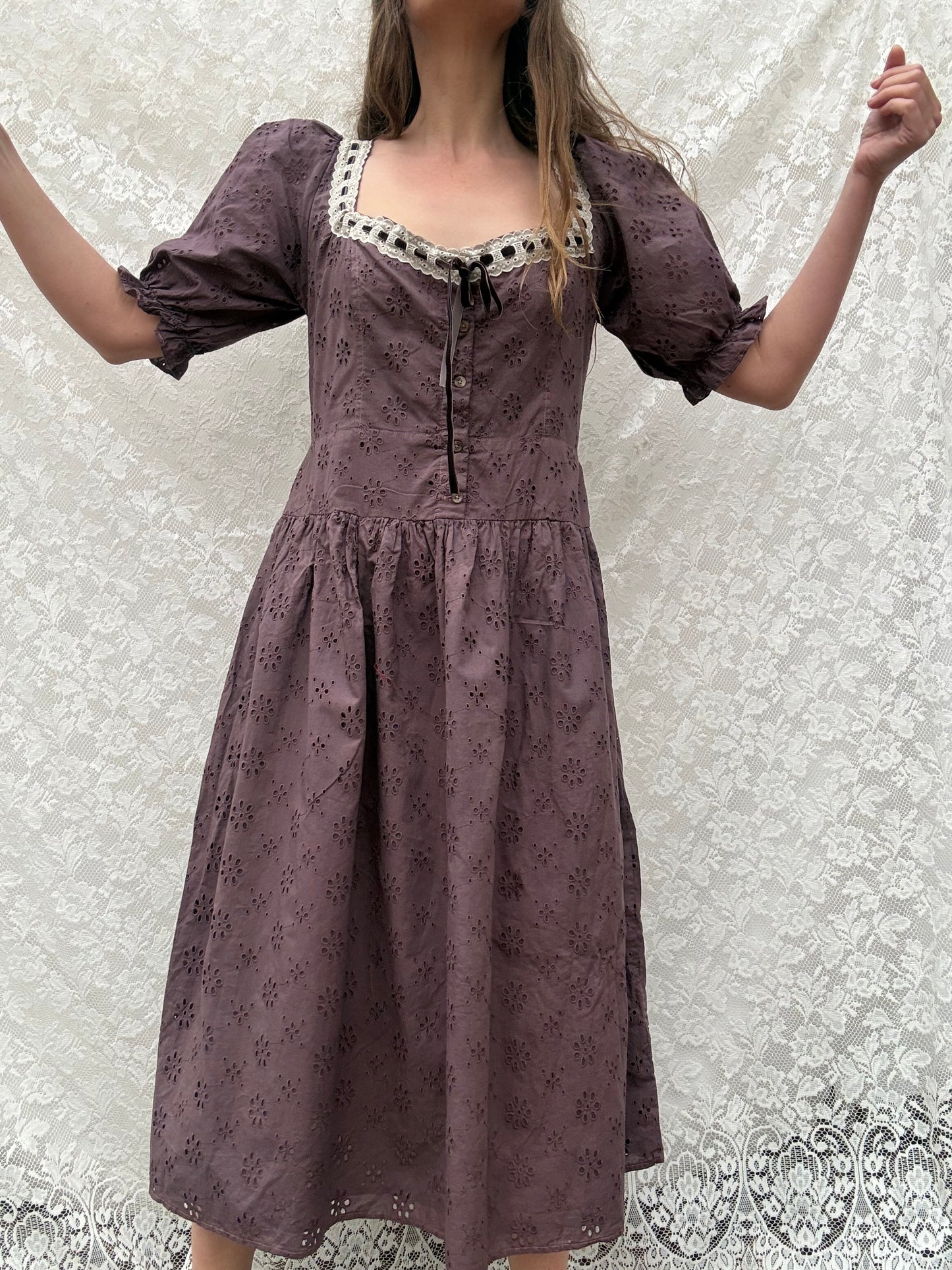 REWORKED - EGGPLANT BRODERIE COTTON DRESS 12-14