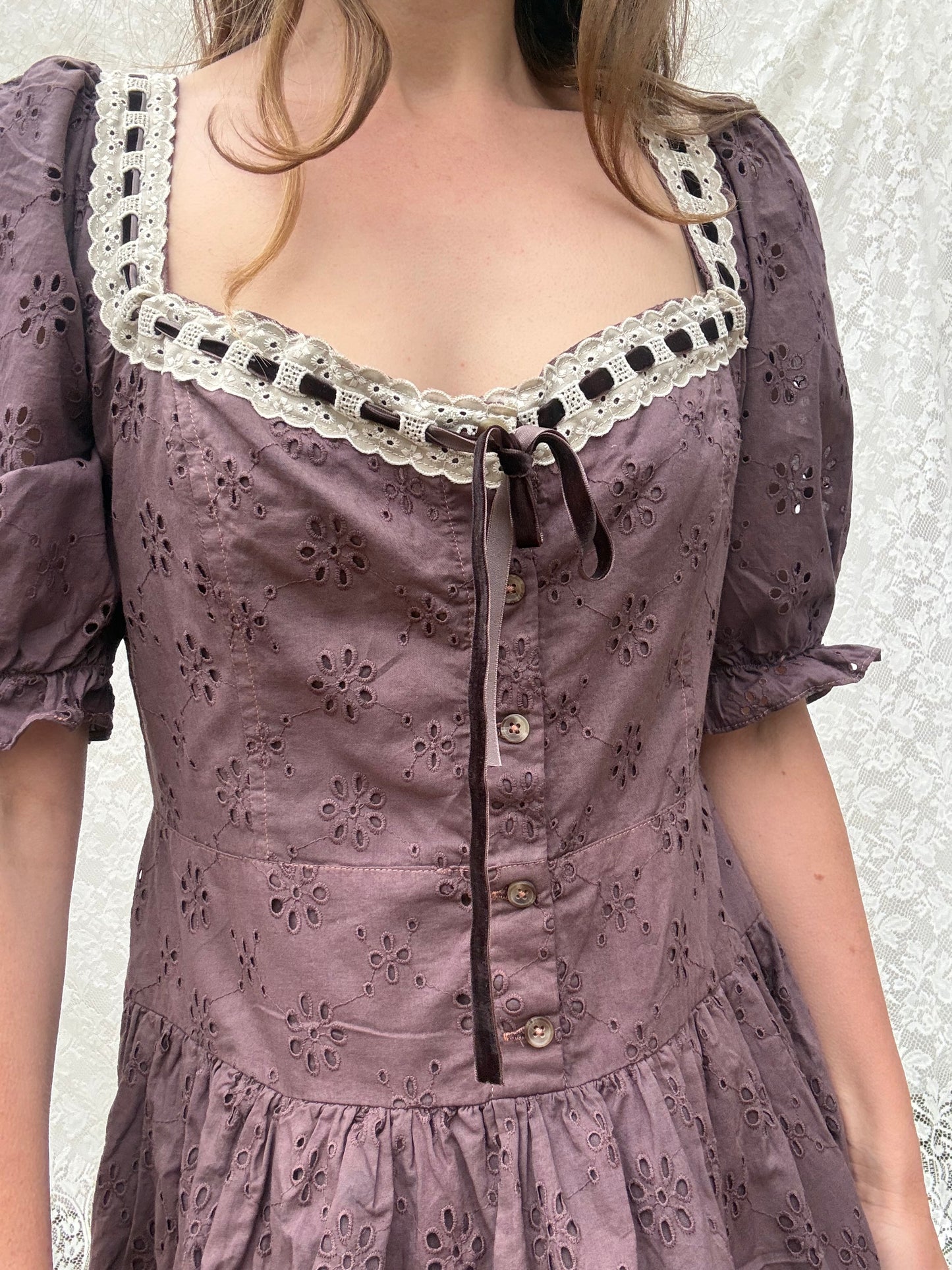 REWORKED - EGGPLANT BRODERIE COTTON DRESS 12-14