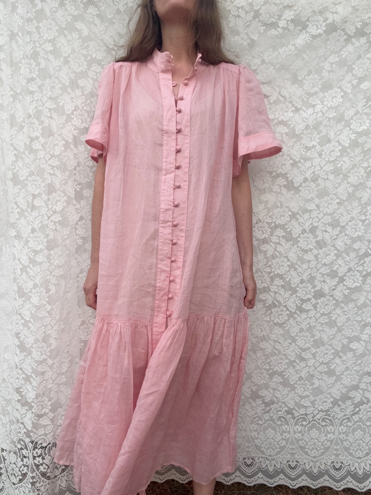 VINTAGE PINK COTTON LINEN DRESS XS-M