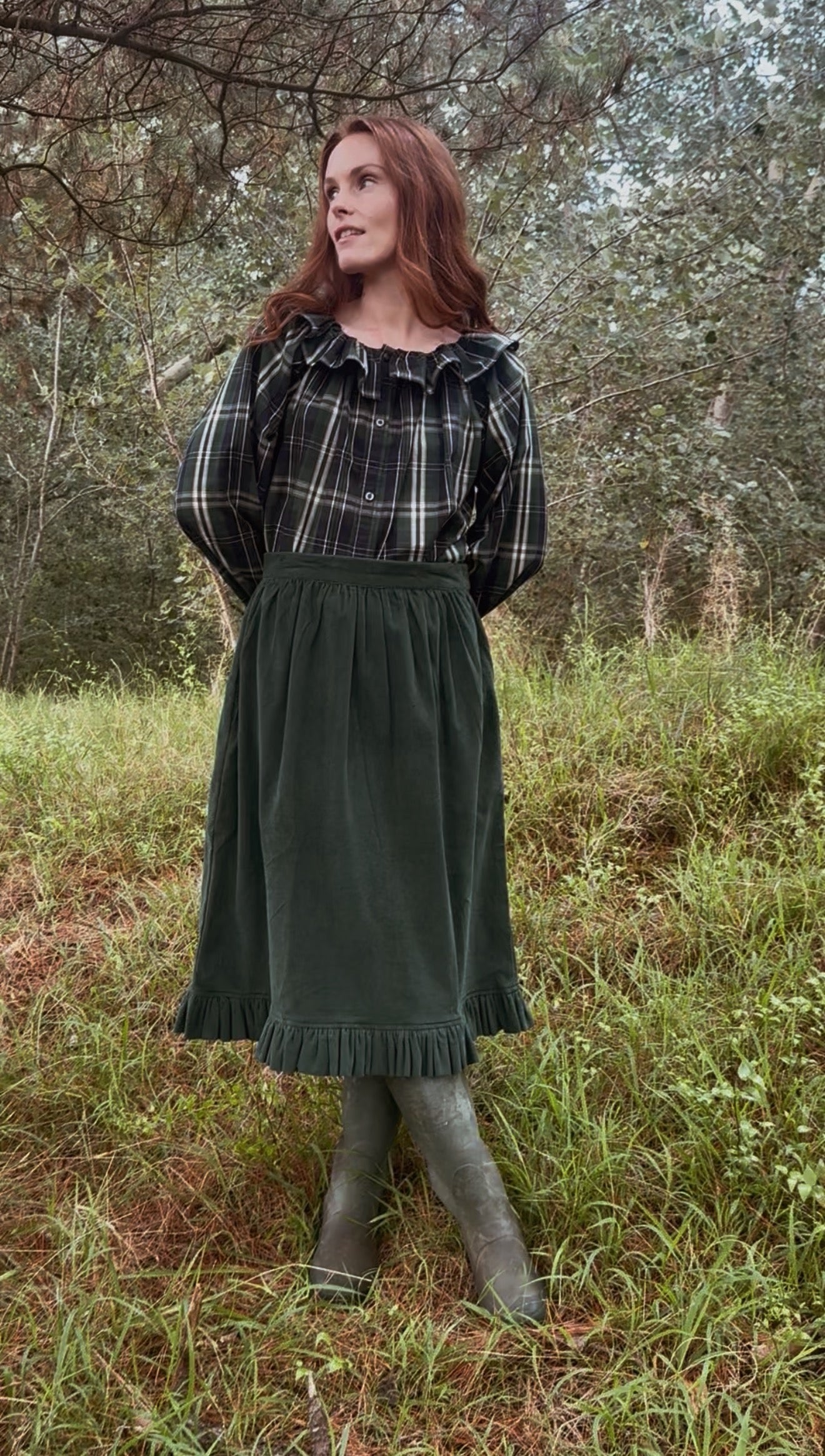 100% RECYCLED COTTON - ANOUK RUFFLE PINAFORE/SKIRT CORDUROY FOREST GREEN
