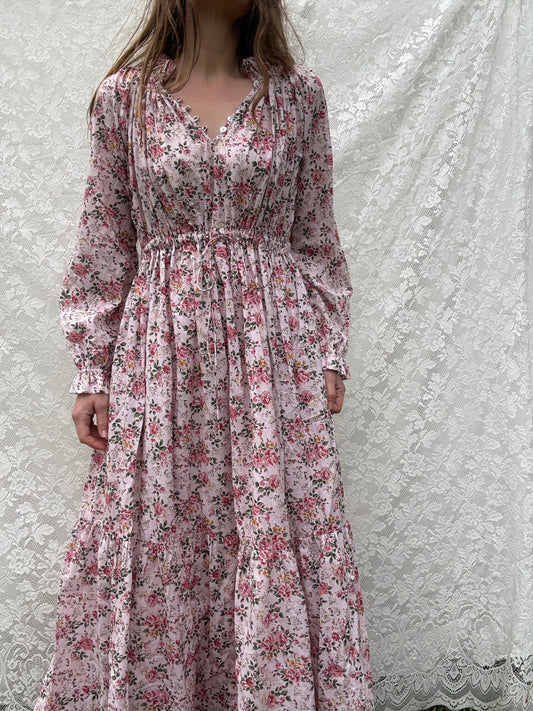 PRELOVED 100% RECYCLED COTTON - PRAIRIE MAXI DRESS PINK ROSE FLORAL XS