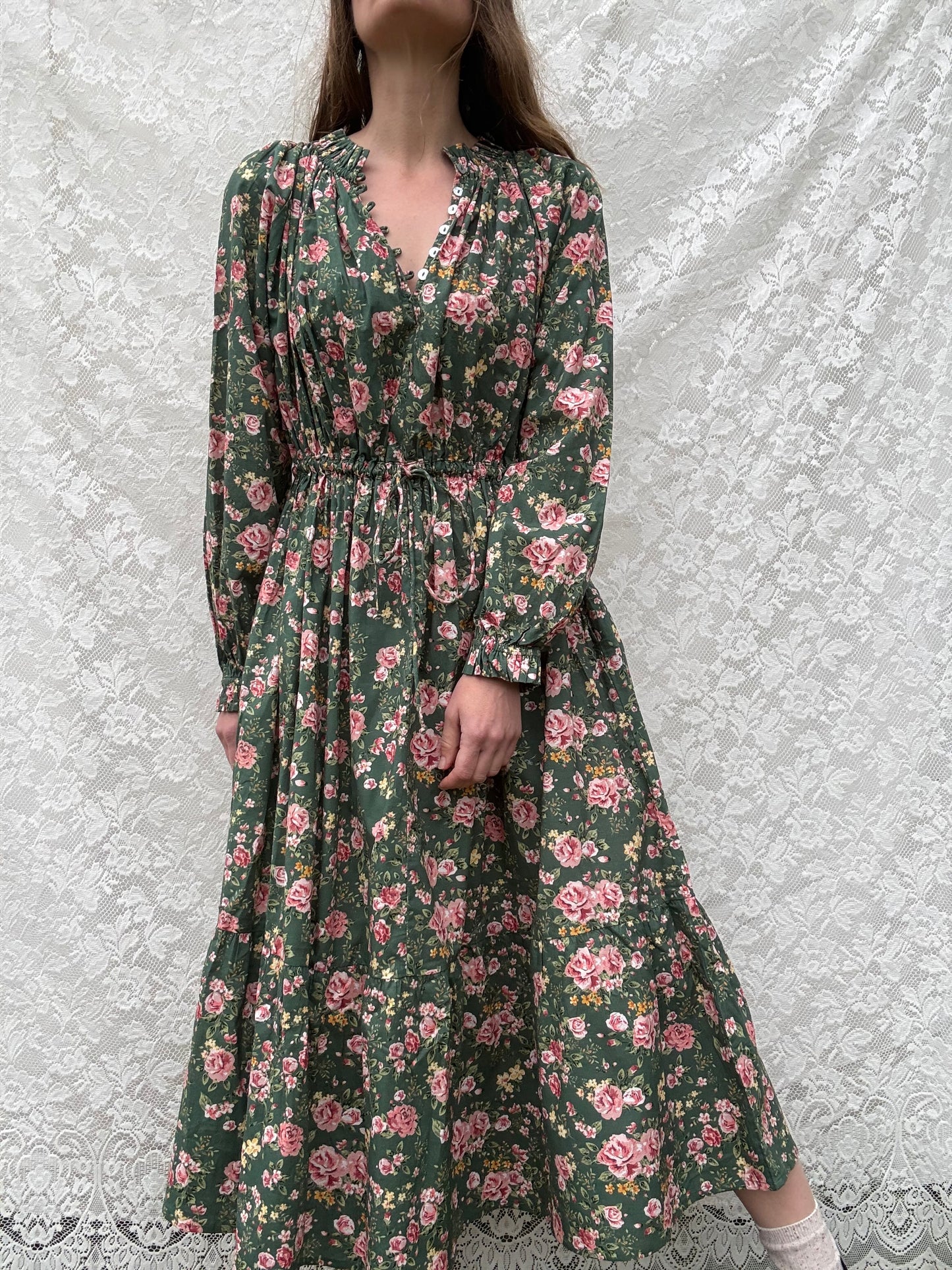PRELOVED 100% RECYCLED COTTON - PRAIRIE DRESS DARK SAGE ROSE SMALL