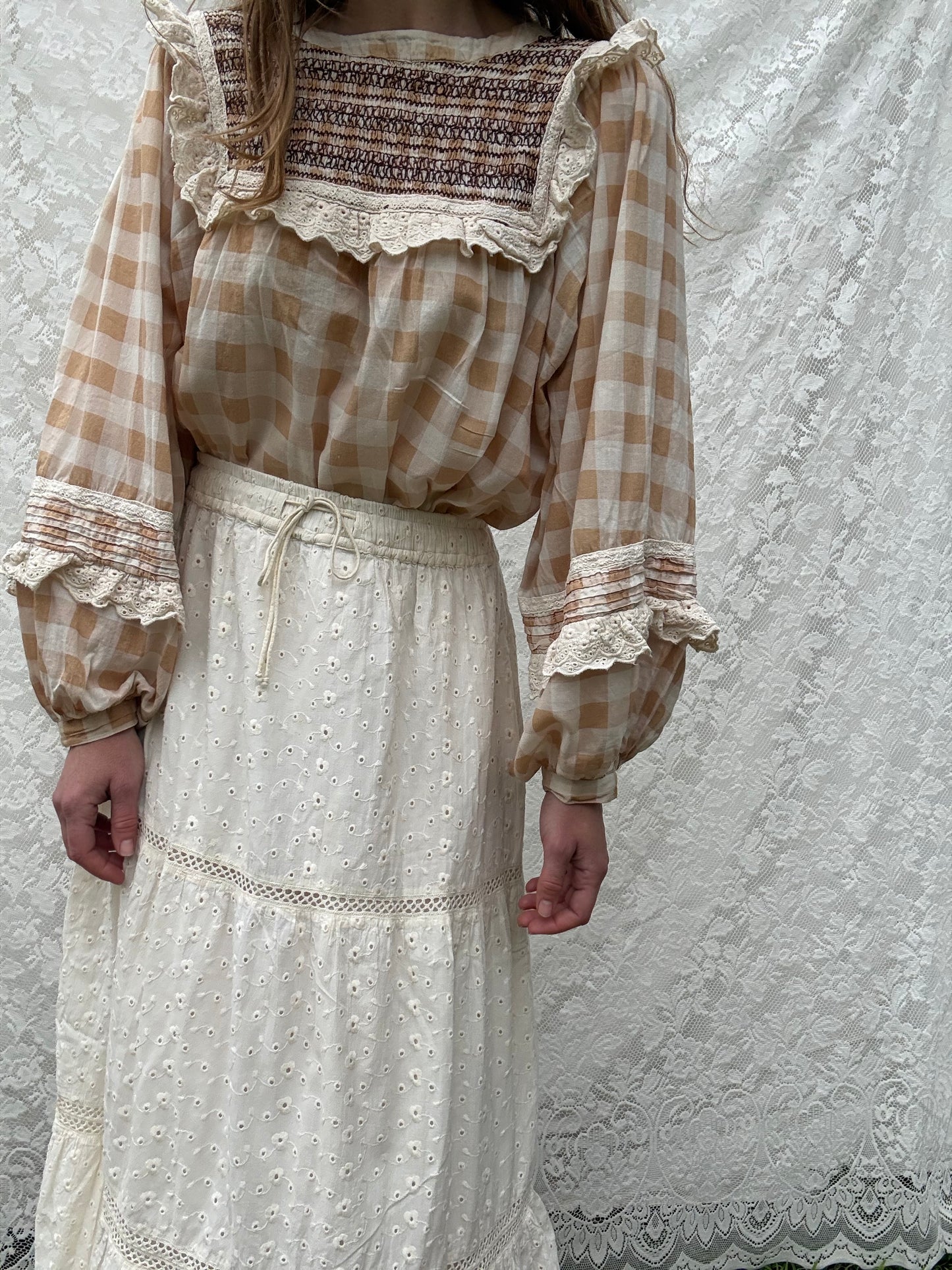 PRELOVED BEATRIX BLOUSE SMOCK CAMEL GINGHAM M