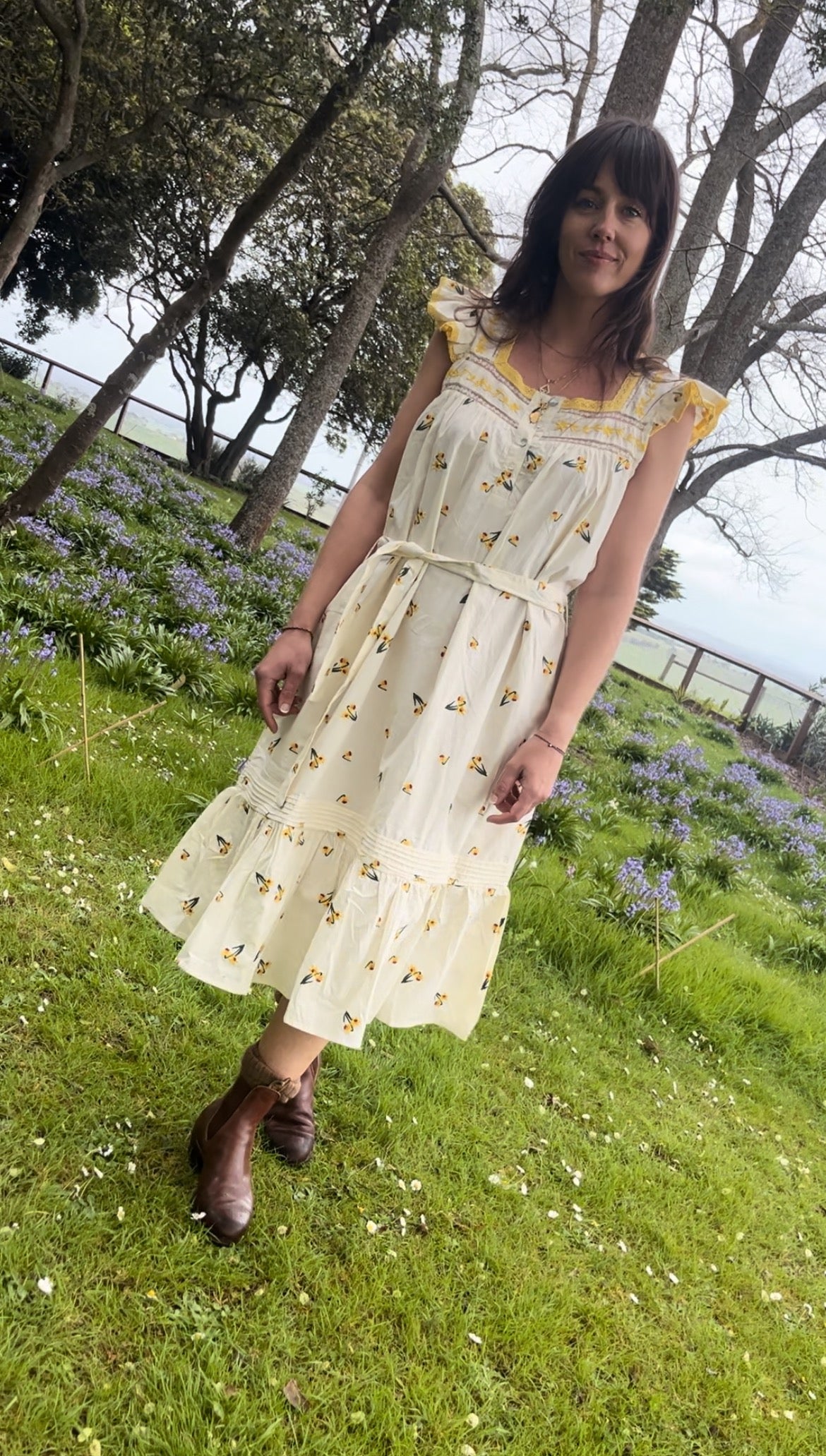 100% RECYCLED COTTON - ALICE DRESS - EMBROIDERED DAFFODIL