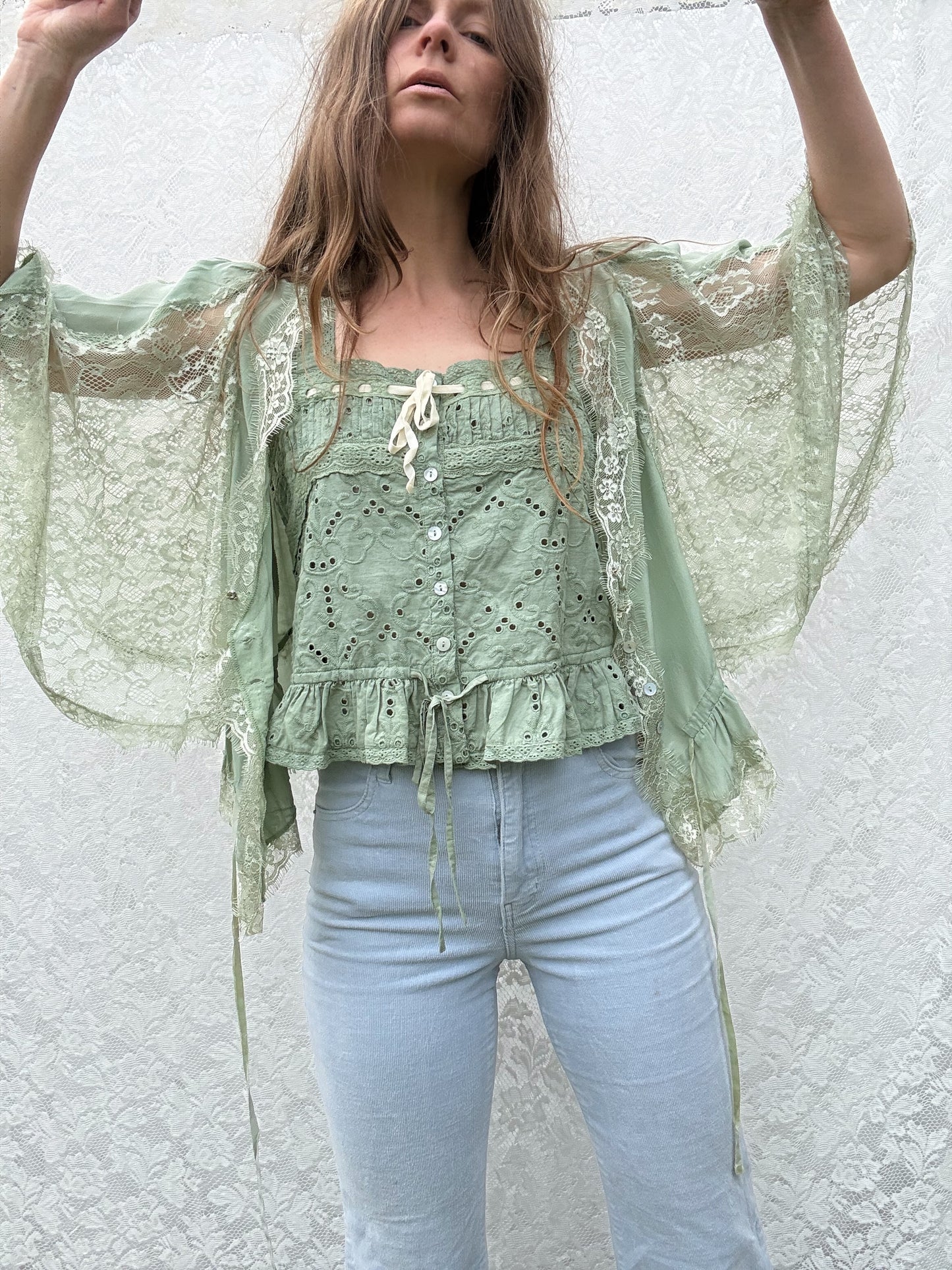 AMORET SILK CAPELET BLOUSE - SAGE