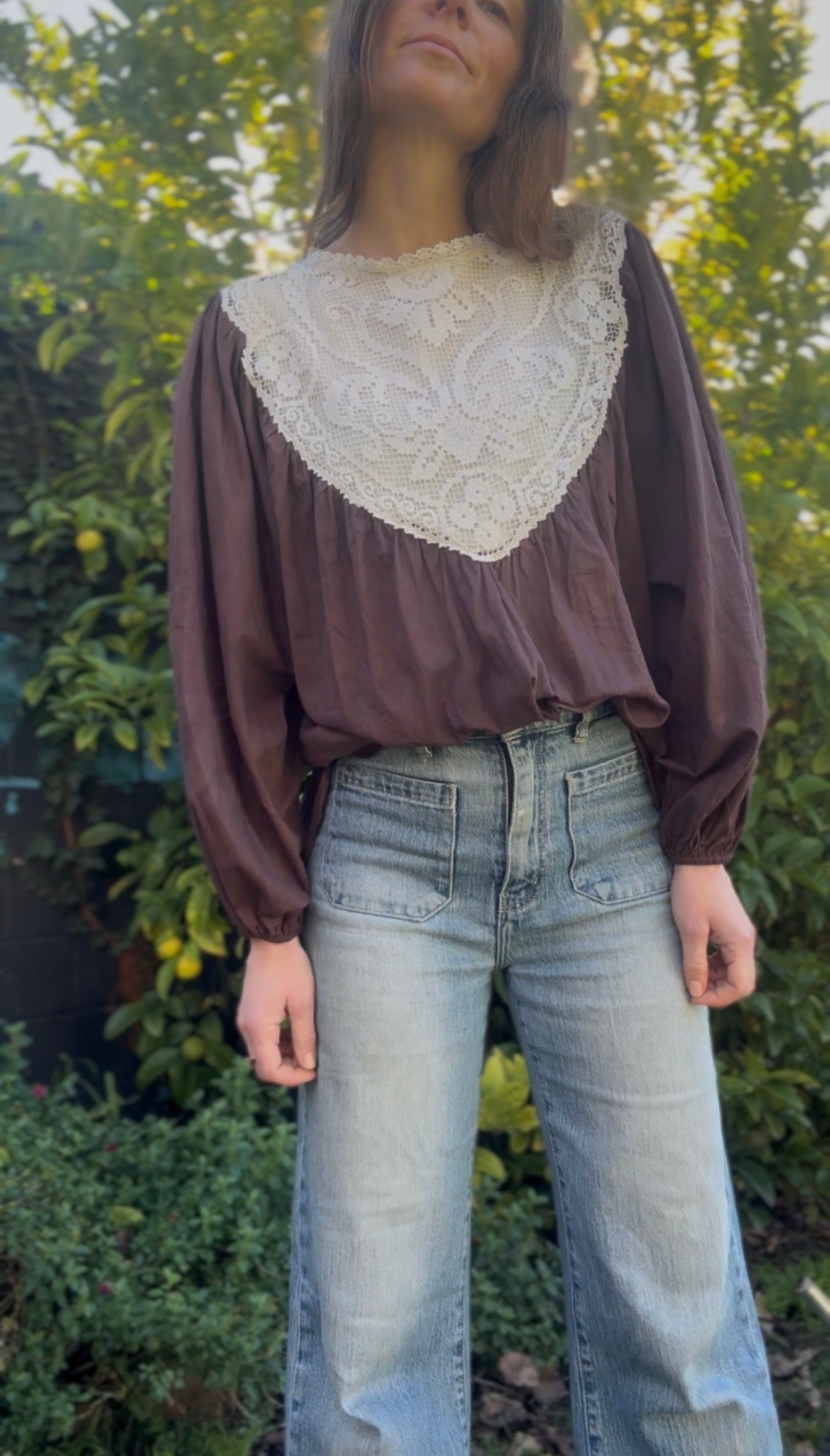 ONE OF A KIND SMOCK REWORKED BLOUSE BROWN WITH FILET LACE - XL