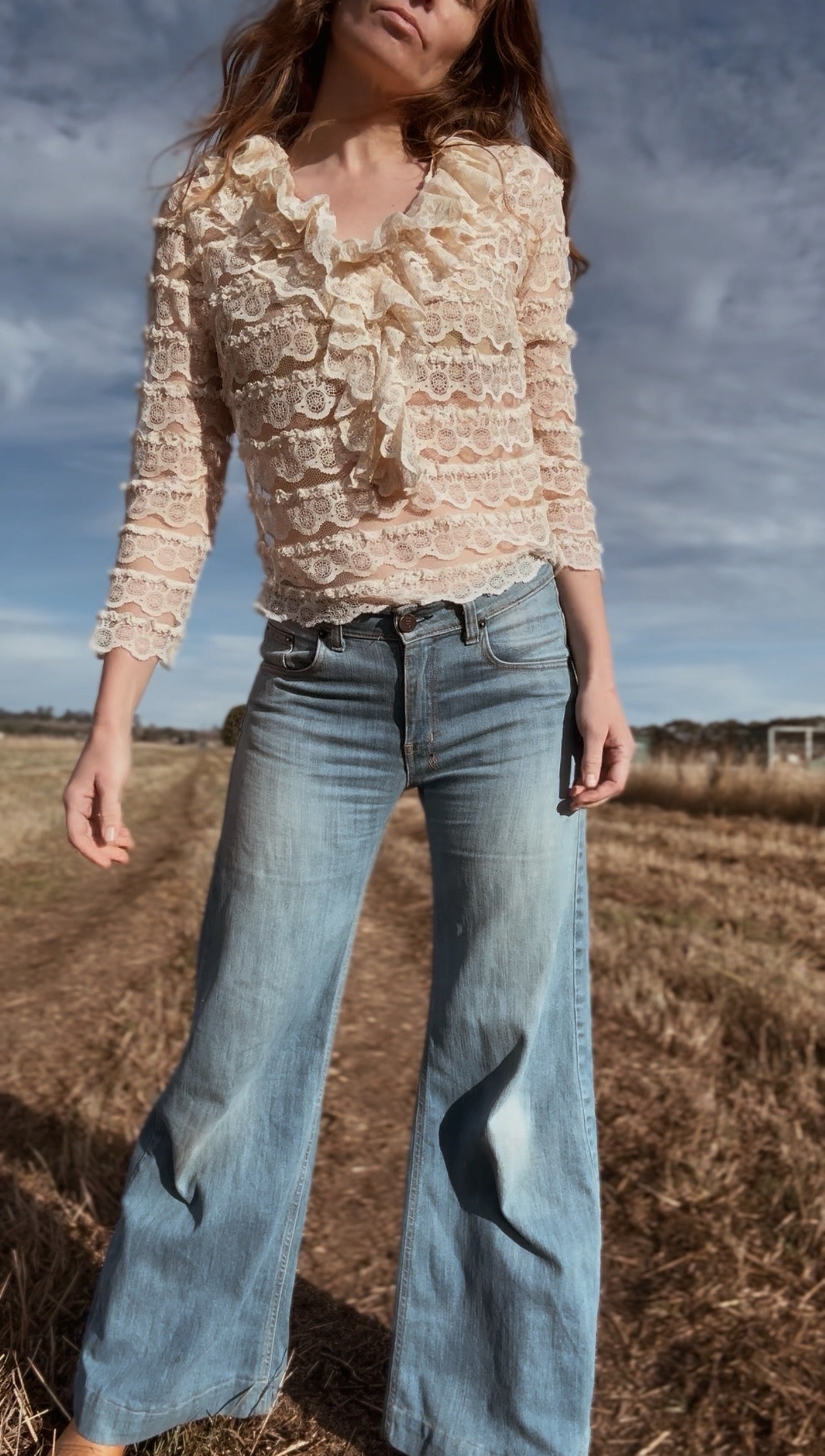VINTAGE JOHN CRAIG LACE RUFFLE BLOUSE CREAM XS