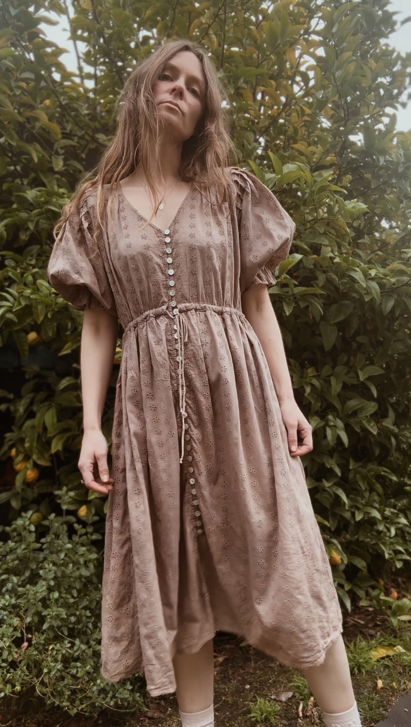 100% RECYCLED COTTON - ONE OF A KIND WINSLOW DRESS MUSHROOM M - L