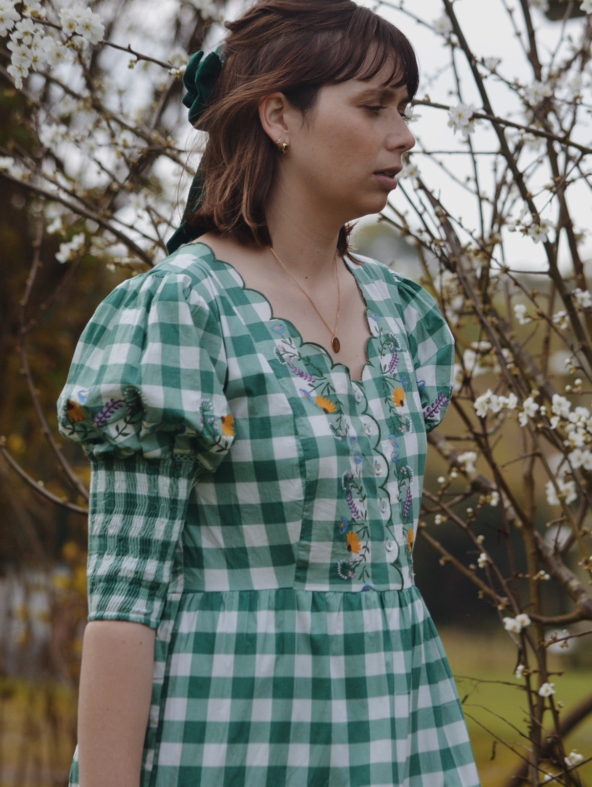 100% RECYCLED COTTON - AUGUSTINE MAXI DRESS GREEN GINGHAM GARDEN