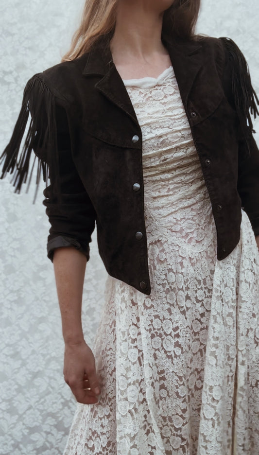VINTAGE GENUINE SUEDE LEATHER TASSEL JACKET BLACK - SMALL