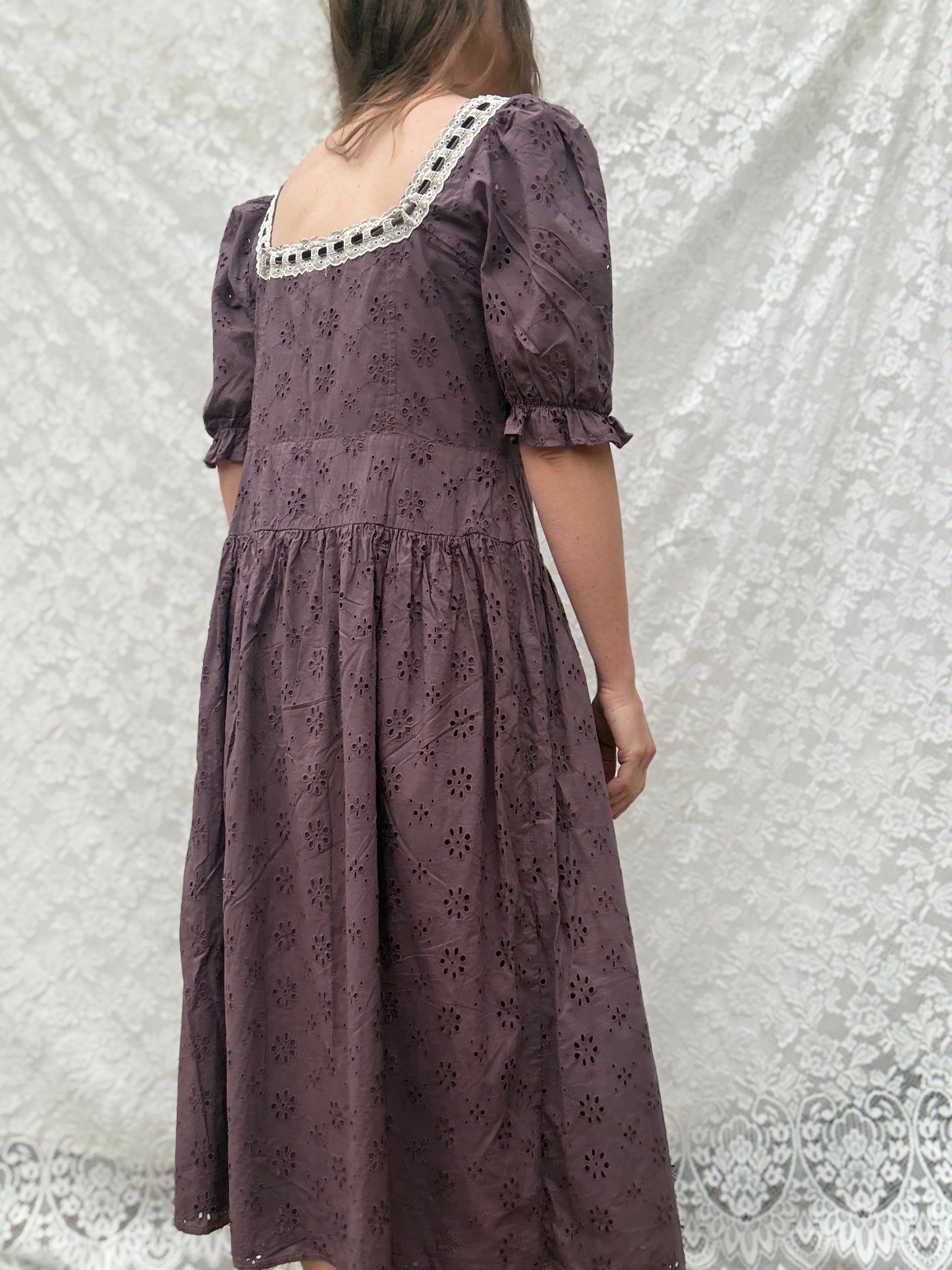 REWORKED - EGGPLANT BRODERIE COTTON DRESS 12-14