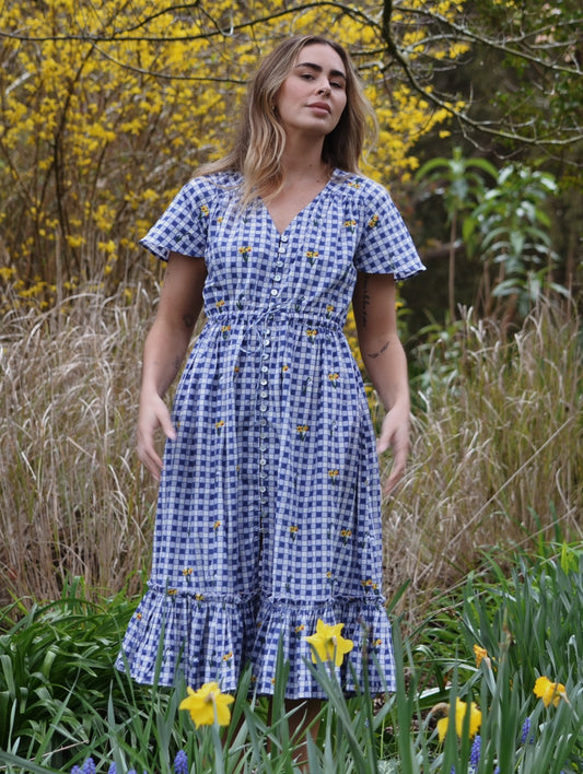 100% RECYCLED COTTON - DULCIE DRESS BLUE GINGHAM